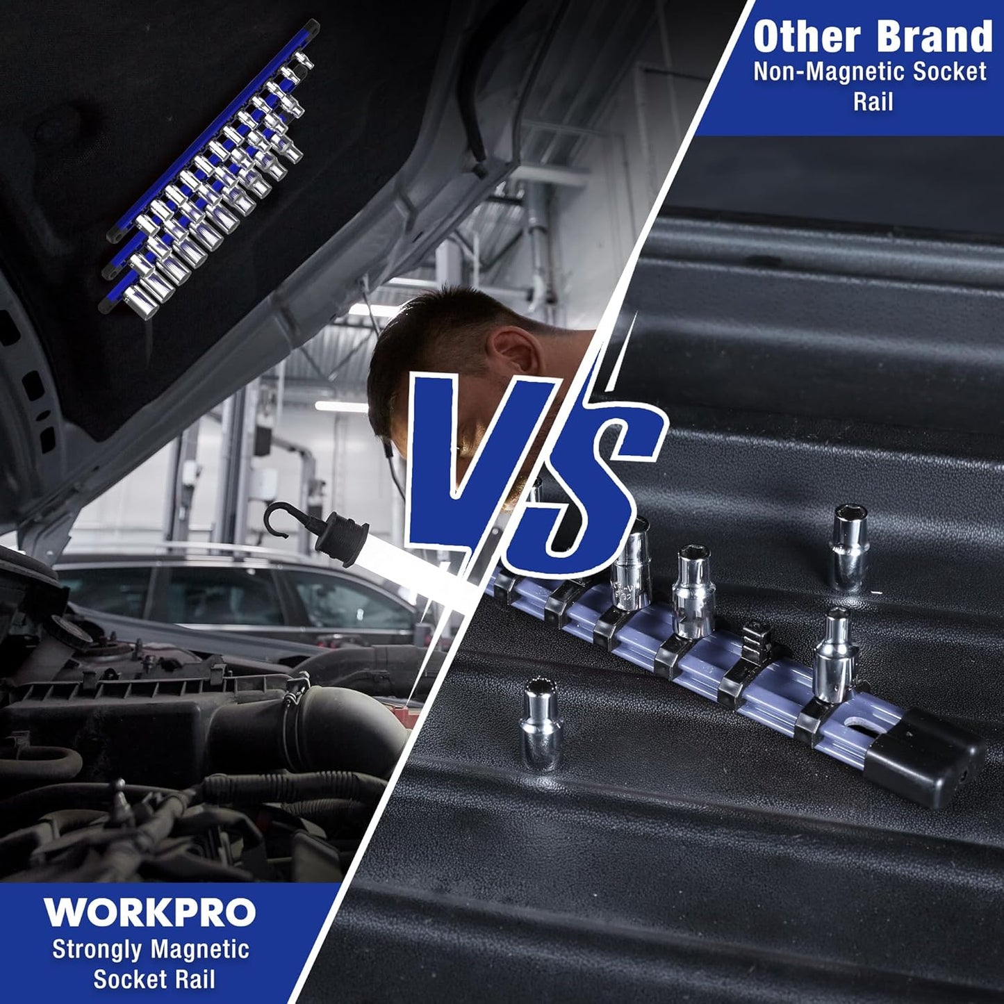 WORKPRO Magnetic Socket Organizer, 1/2-Inch Drive Aluminum Alloy Socket Rail, Heavy Duty Socket Holder, Socket Rack Kit 1/2-Inch x 10 Clips (Blue)