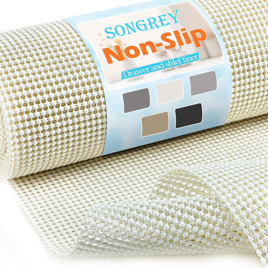 Songrey Non-Adhesive Drawer and Shelf Liner, Non Slip Cabinet Liners, Protect Kitchen Cupboard, Bathroom Drawers, Breathable, Thick Strong Grip mat (12IN x 10FT, Cream)