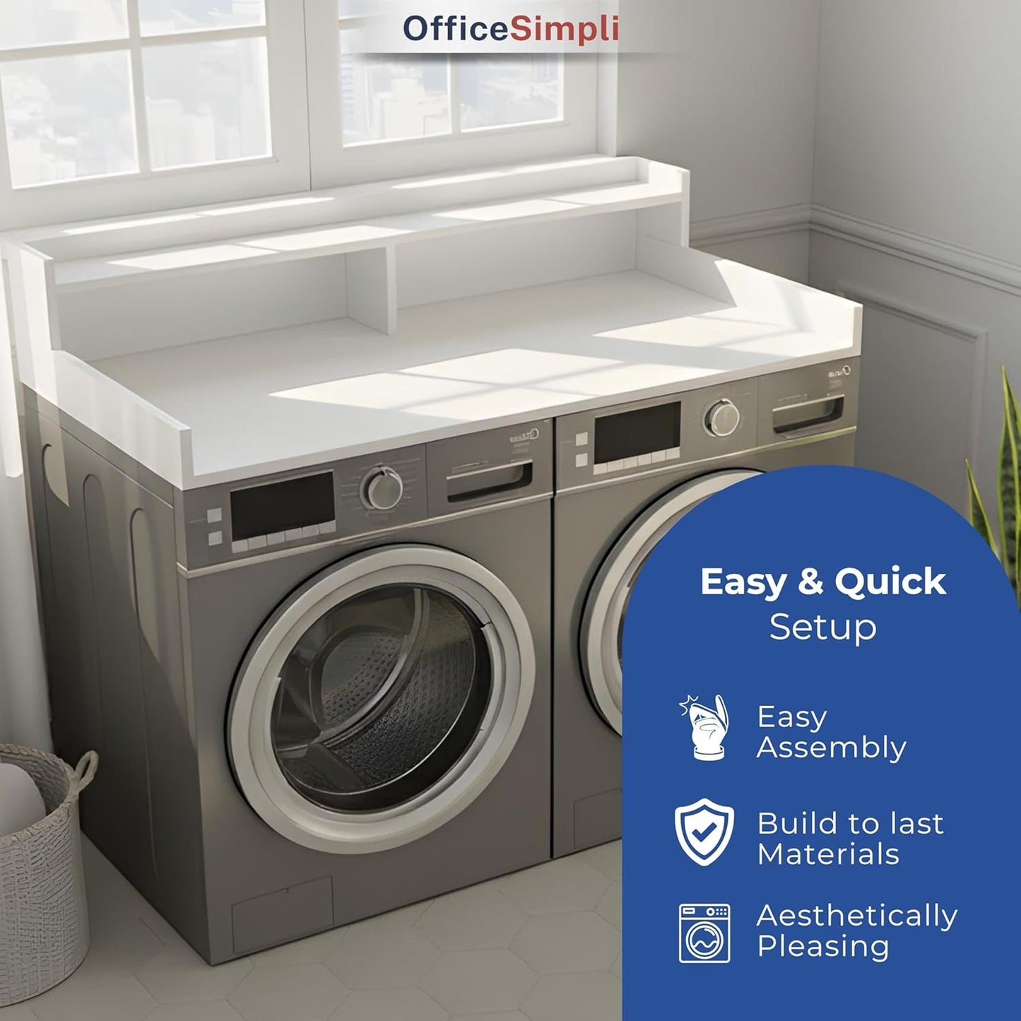 OfficeSimpli Washer Dryer Countertop with Shelf - 27.5 x 54 Inch - Made in USA Laundry Countertop Over Washer and Dryer with Non-Slip Pads, Storage Shelf, Laundry Topper Organizer, Gracier White