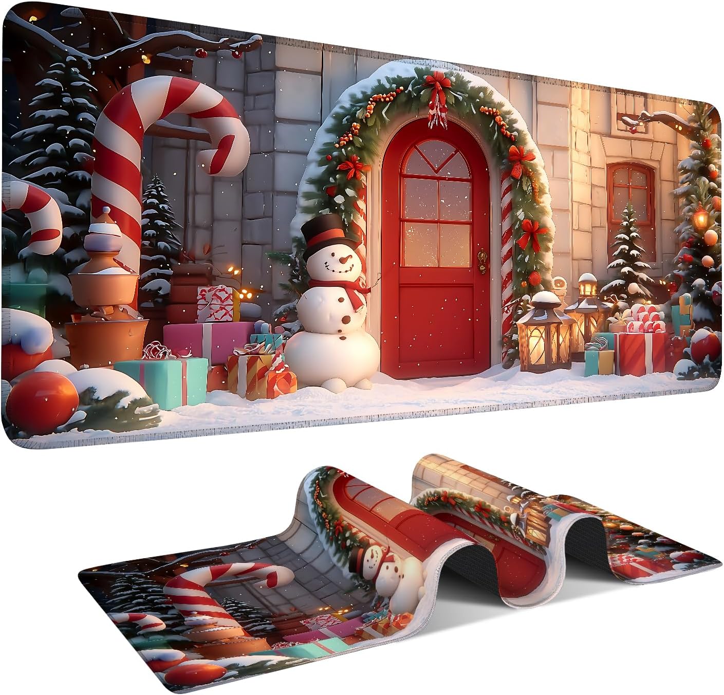 Christmas Scene Gaming Mouse Pad 35.4"x15.7"Desk Mat Anti-Slip Rubber Base & Durable Stitched Edges for Gamers Smooth Mouse Writing Surface for Desk Office/Home