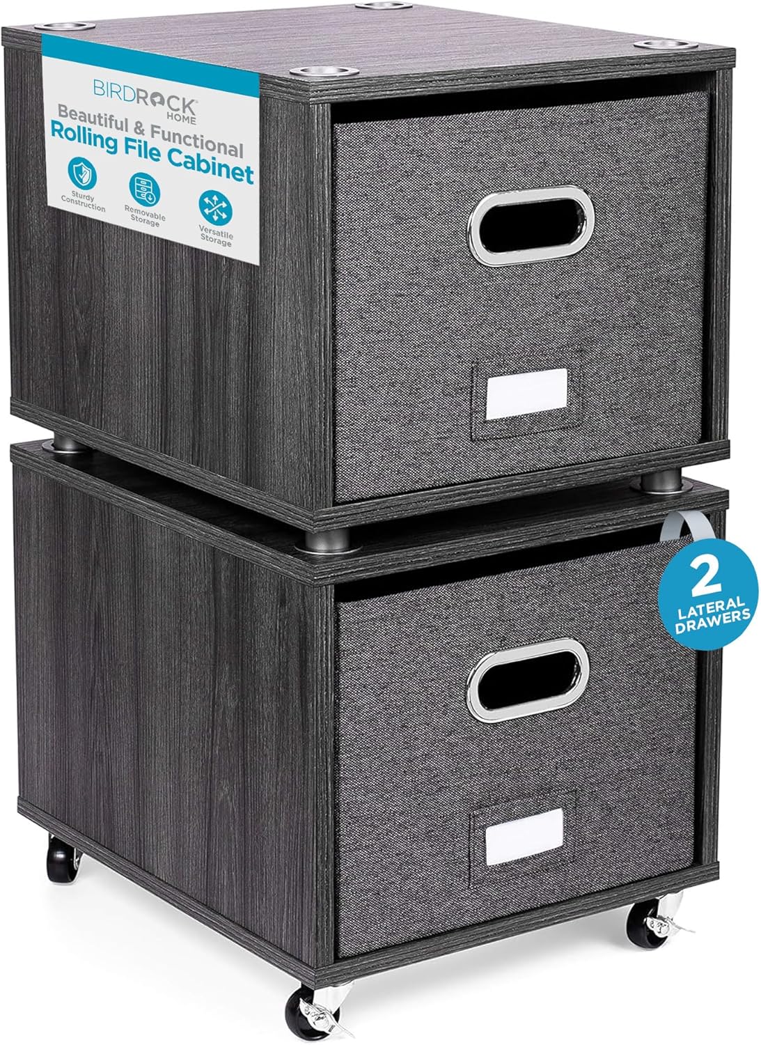 BIRDROCK HOME Rolling File Cabinet – Decorative Storage Shelf w/Removable Bins, Handles, and Wheels – Organize Files, Books, Toys, Under Desk Office Solution, Modern Design - 2 Lateral Drawers, Gray