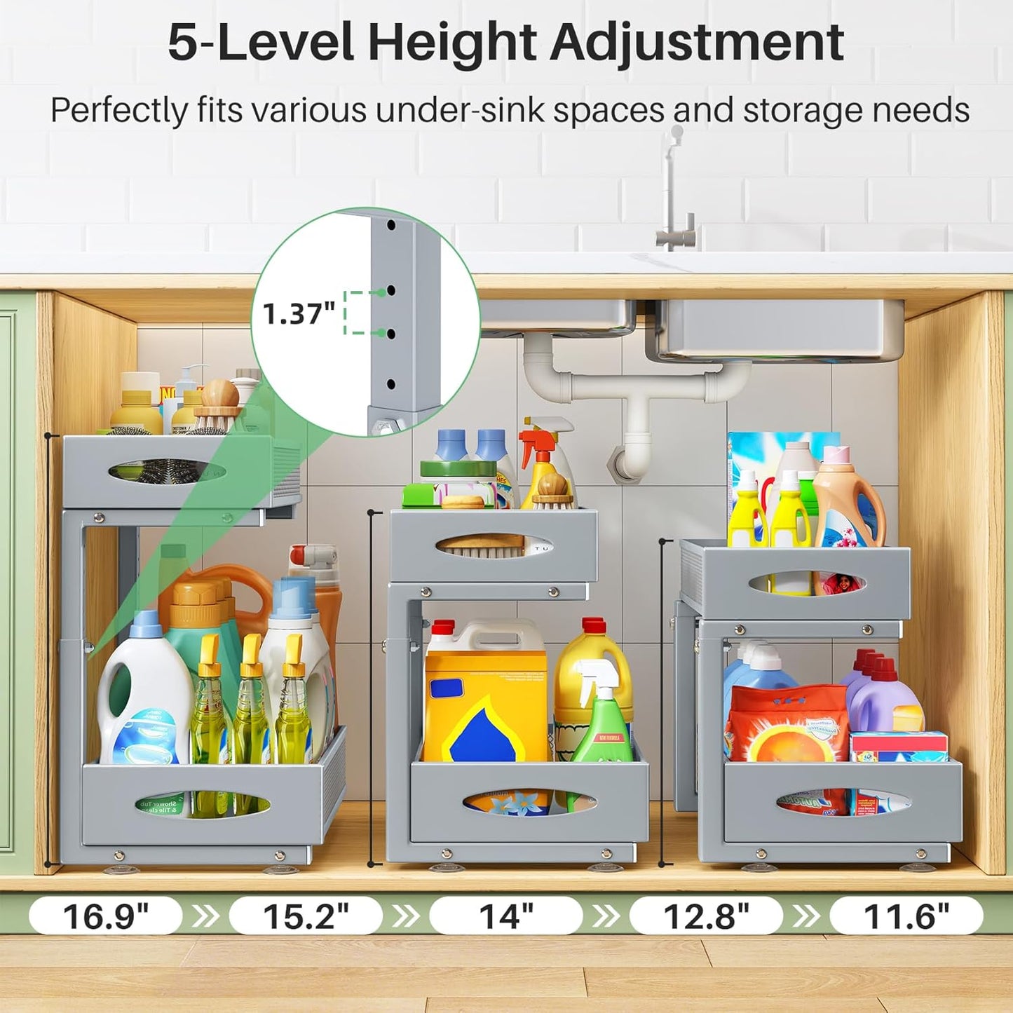 1 Pack Under Sink Organizer, 2 Tier Pull out Cabinet Organizer Mesh Baskets with 5 Adjustable Heights, Sliding Drawers Storage Shelf for Home, Kitchen, Bathroom, Pantry, Office, Countertop ,Grey