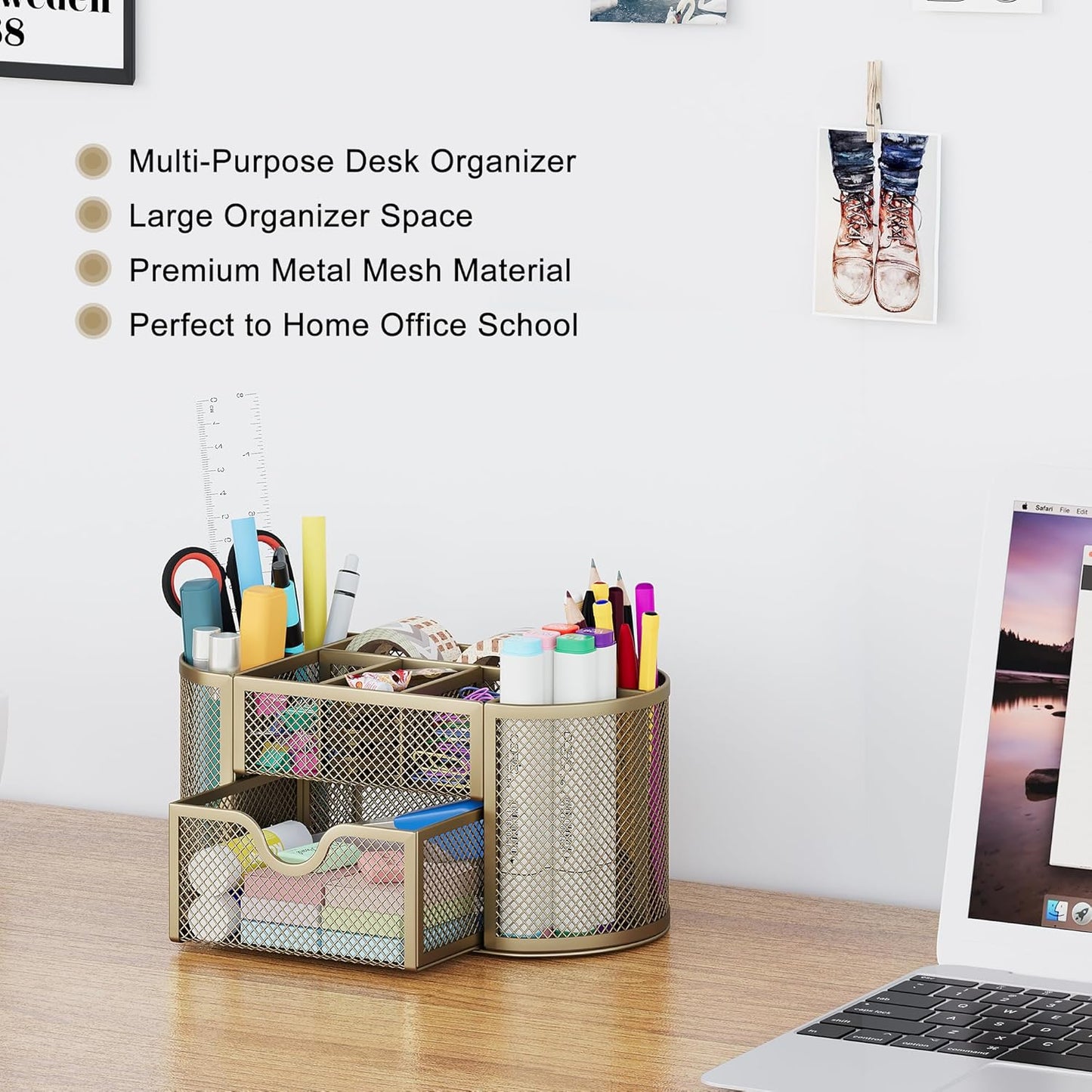EasyPAG Mesh Pen Holder Desk Organizer with Drawer Stationery Supplies Organizer for Dorm School 9 Compartments Workspace Desk Accessories Organization for Office, Gold