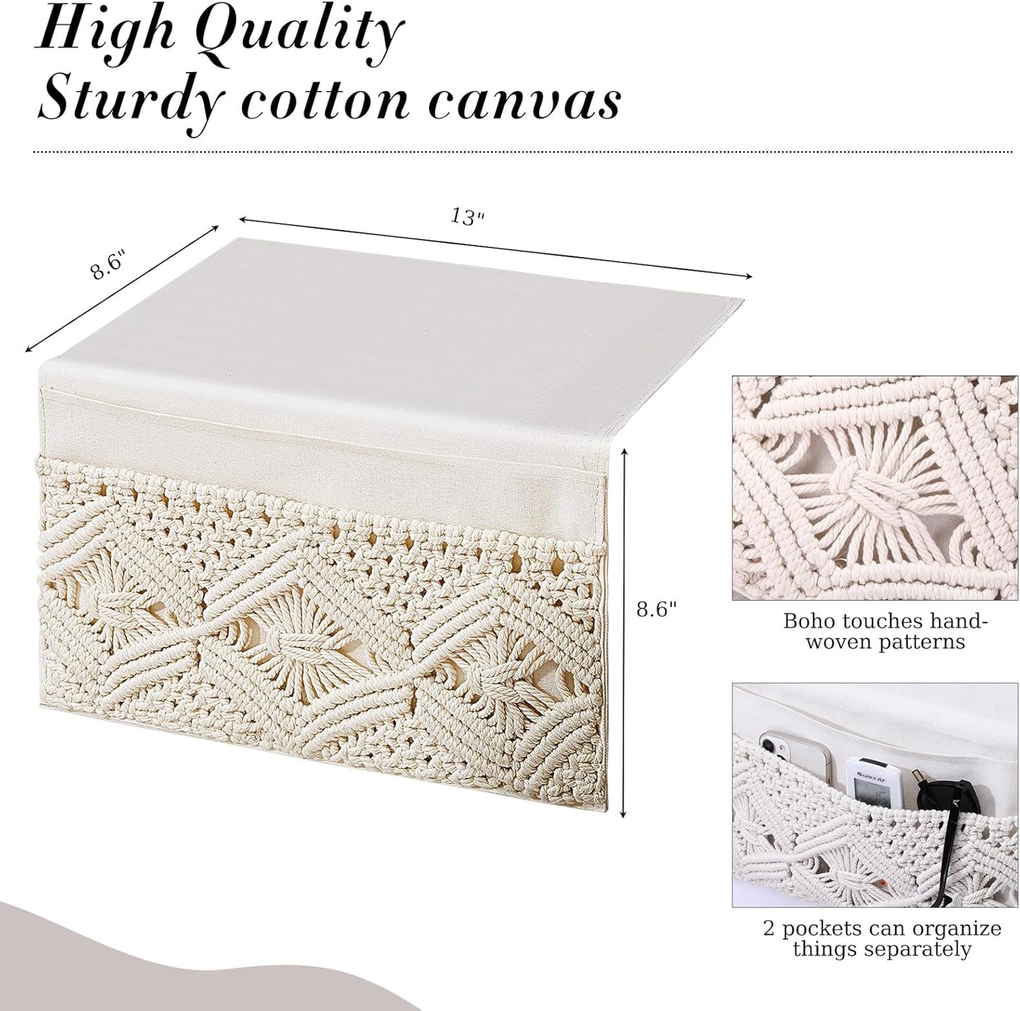 JaGely 2 Pcs 17.3 x 13 Inch Macrame Bedside Caddy Storage Organizer Hanging Boho Remote Control Holder Bedside Storage Basket for Home Couch Tablet Magazine Holder for TV Remote Control Living Room