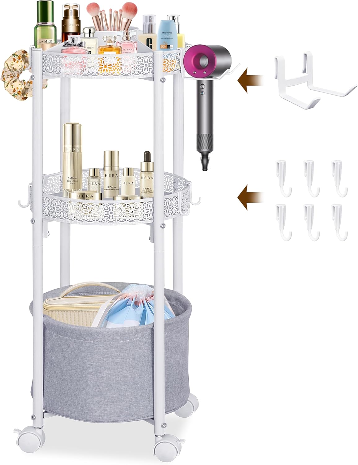 Rolling Makeup Cart Organizer with Removable Hair Dryer Holder, 3 Tier Round Floor Makeup Organizer with Wheels for Cosmetic, Perfume, Nail Polish, Small Space Bathroom Storage Cart, White