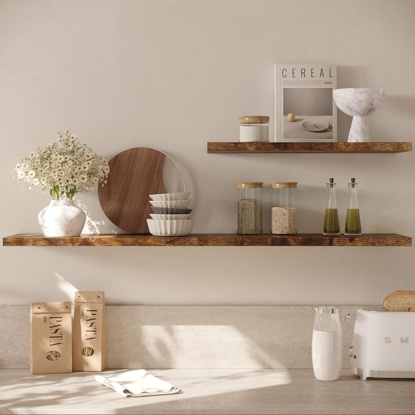 Wall Shelf Set of 3, Rustic Brown Floating Shelves 36 in W x 10 in D x 1 in H, Wooden Floating Wall Shelf with Invisible Brackets for Living Room/Bedroom/Bathroom/Kitchen Storage and Decor