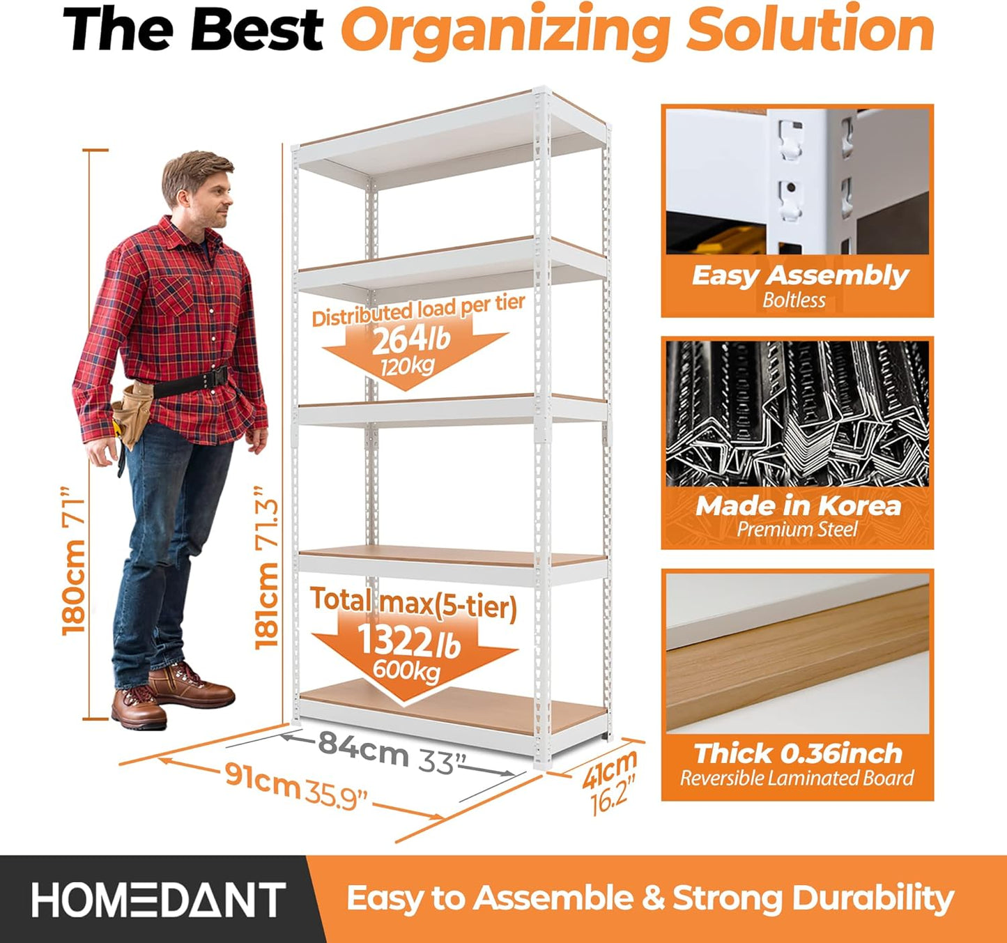 HOMEDANT 5 Tier Storage Shelves Adjustable Laminated Boltless Garage Metal Shelving Unit Heavy Duty Utility Rack Shelf Warehouse Pantry Closet Kitchen (4, (M) 35.9" W, White)