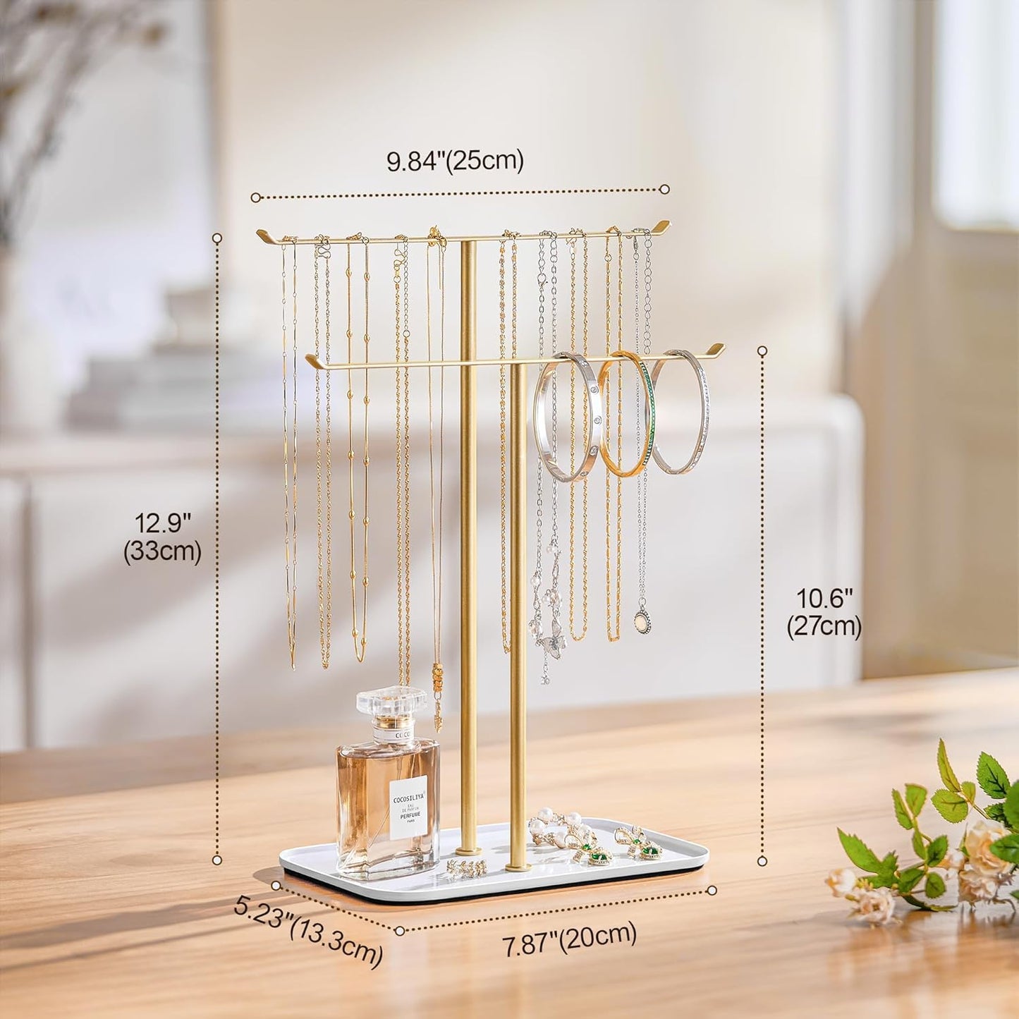 pickpiff Necklace Holder Jewelry Organizer Stand – 2‑Tier T‑Bar Jewelry Display Tree with Tray for Countertop Necklace Bracelet Earring Storage, Vanity Dresser Bathroom Sink, Gold
