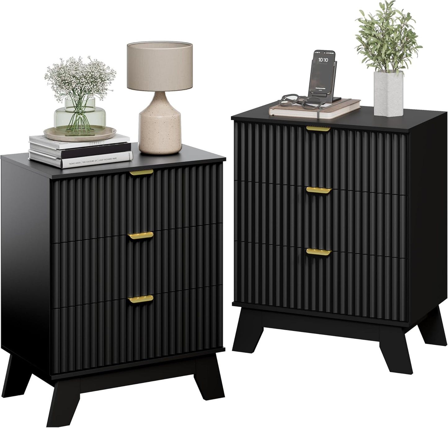 Night Stand Set 2, Bedside Table & End Table, Mid Century Modern Fluted Wood Nightstand with 3 Drawers & Metal Handles, Farmhouse Nightstand for Bedroom, Black