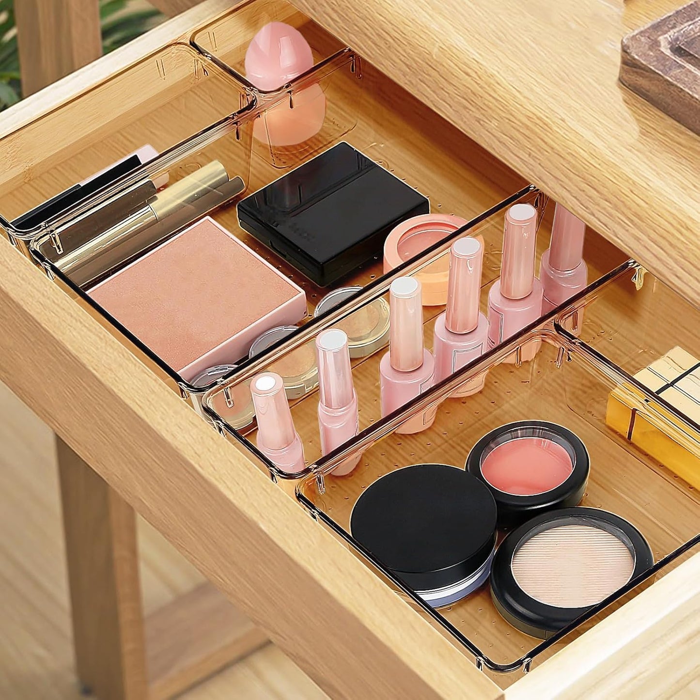 23 PCS Drawer Organizer Set, 5 Varied Size Bathroom and kitchen Drawer cabinet organizer Trays, Clear Storage Bins for Makeup, Jewelry, Utensils and Gadgets, Champagne