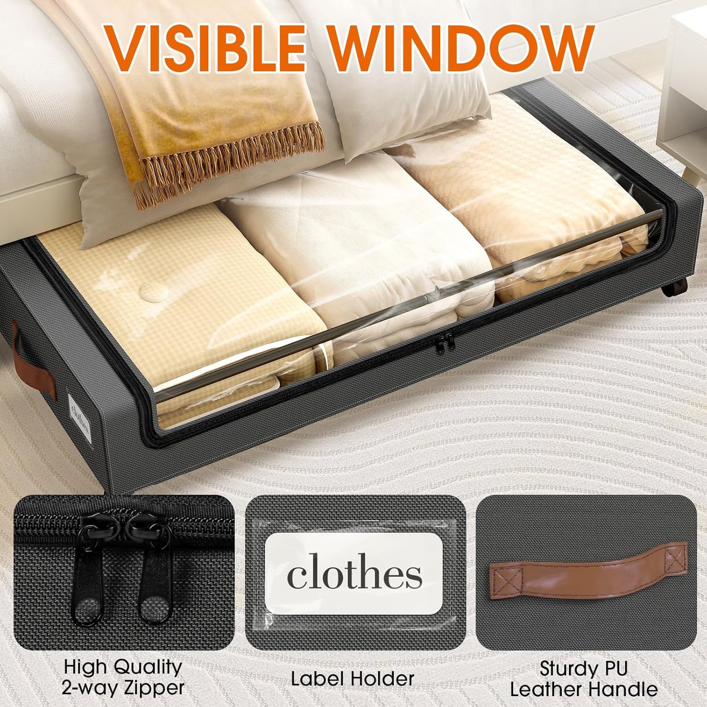 Under Bed Storage with Wheels 3Pack Storage Containers with Clear Window&Label Under Bed Drawers Rolling Under Bed Storage for Clothes,Shoes, Blankets (30.71 x 16.93 x 6.69 in, Dark Grey)
