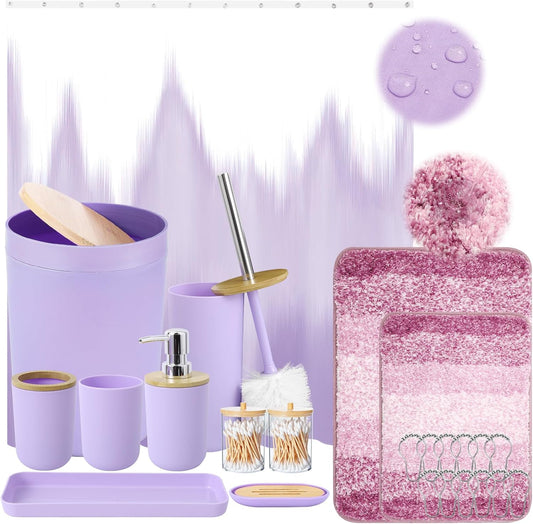 iMucci Bathroom Accessories Light Purple Bathroom Sets with Shower Curtain and Rug, Light Purple Ombre Waterproof Shower Curtain with Ultra Absorbent Rug Bathroom Accessories Set for Home