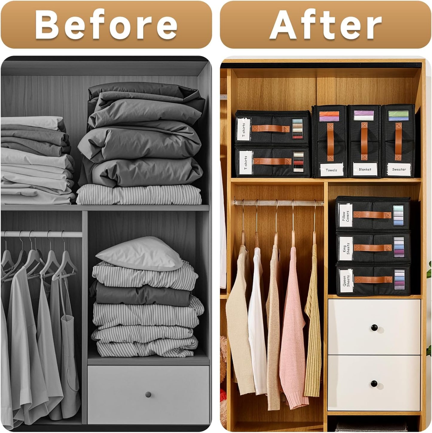 6pack Bed Sheet Organizer, Foldable Linen Closet Organizers and Storage with Sealed Design, Queen & King Size Sheet Storage with Window, Closet Organizer for Bedsheets/Blankets/Clothes, Black