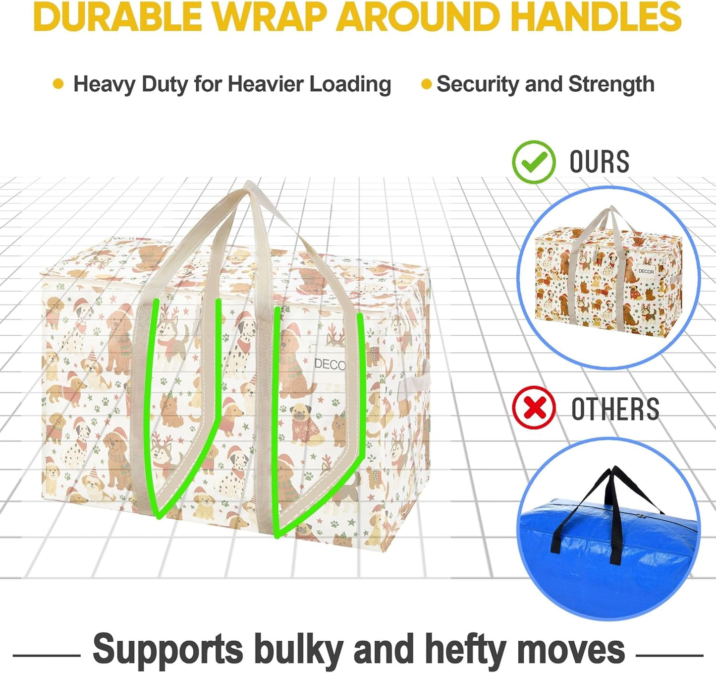 VENO 4 Pack Moving Bags and Large Christmas Storage Bins with lids. Alternative to Moving Boxes, Packing Supplies for College. Extra Large Heavy Duty Totes for Packaging (Holiday Pups, 4 Pack)