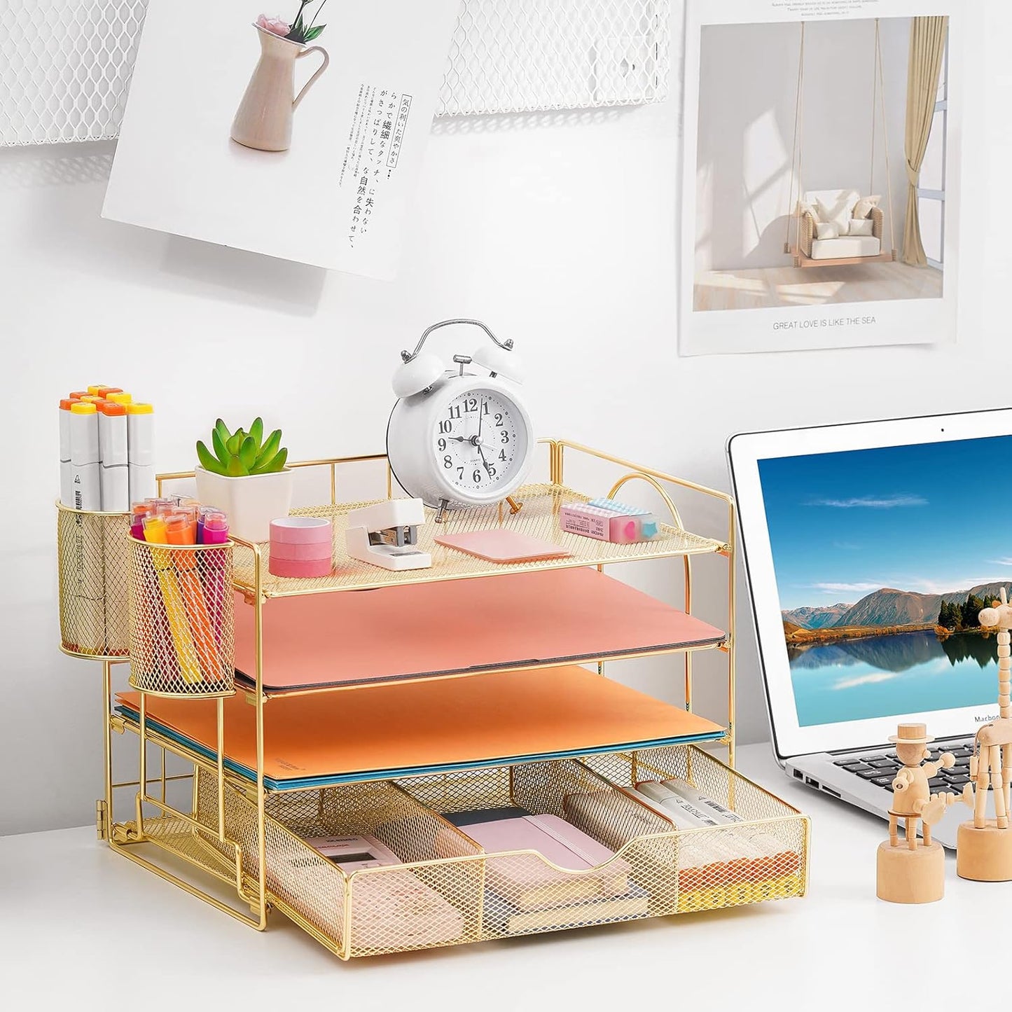Lavatino Paper Letter Tray Organizer with File Holder, 4-Tier Desk Accessories & Workspace Desk Organizers with Drawer and 2 Pen Holder for Office Supplies (Gold)