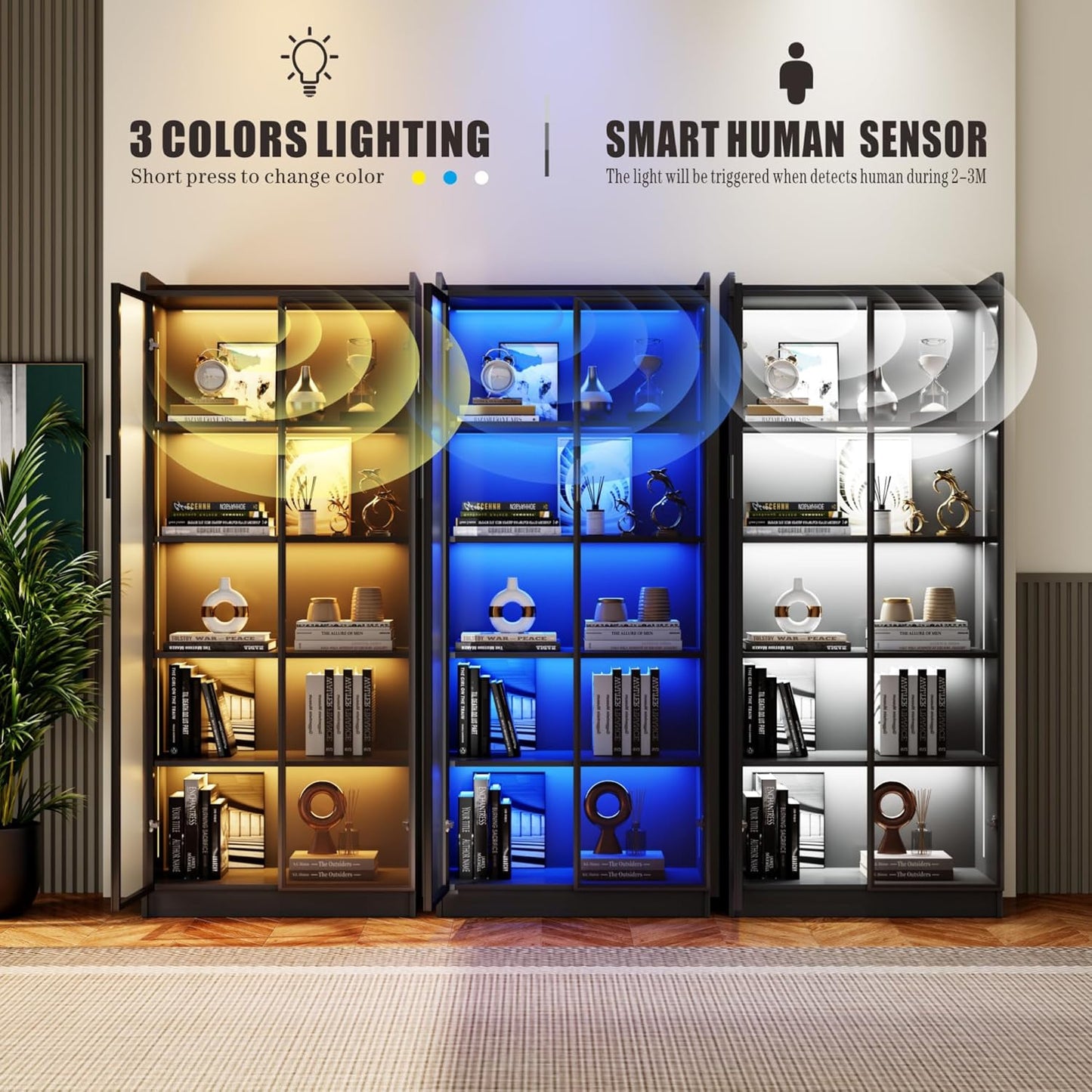 Display Cabinet with Doors and Adjustable Shelves, 65" Tall Bookcase with LED Lights/Human Sensor, 5 Tier Display Case for Collectibles Bedroom Living Room Office, Black