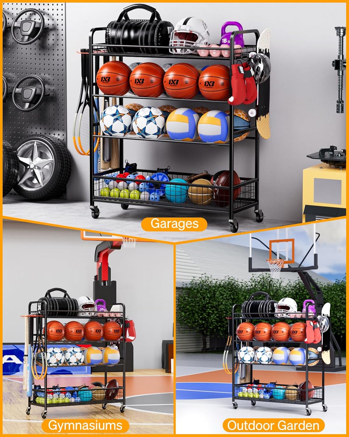 Garage Sports Equipment Organizer - Rolling Ball Storage Bin with Wheels, Garage Sports Gear Rack Outdoor Basketball Racks for Balls with Baseball Bat Holder and Hooks, Toy Organizer
