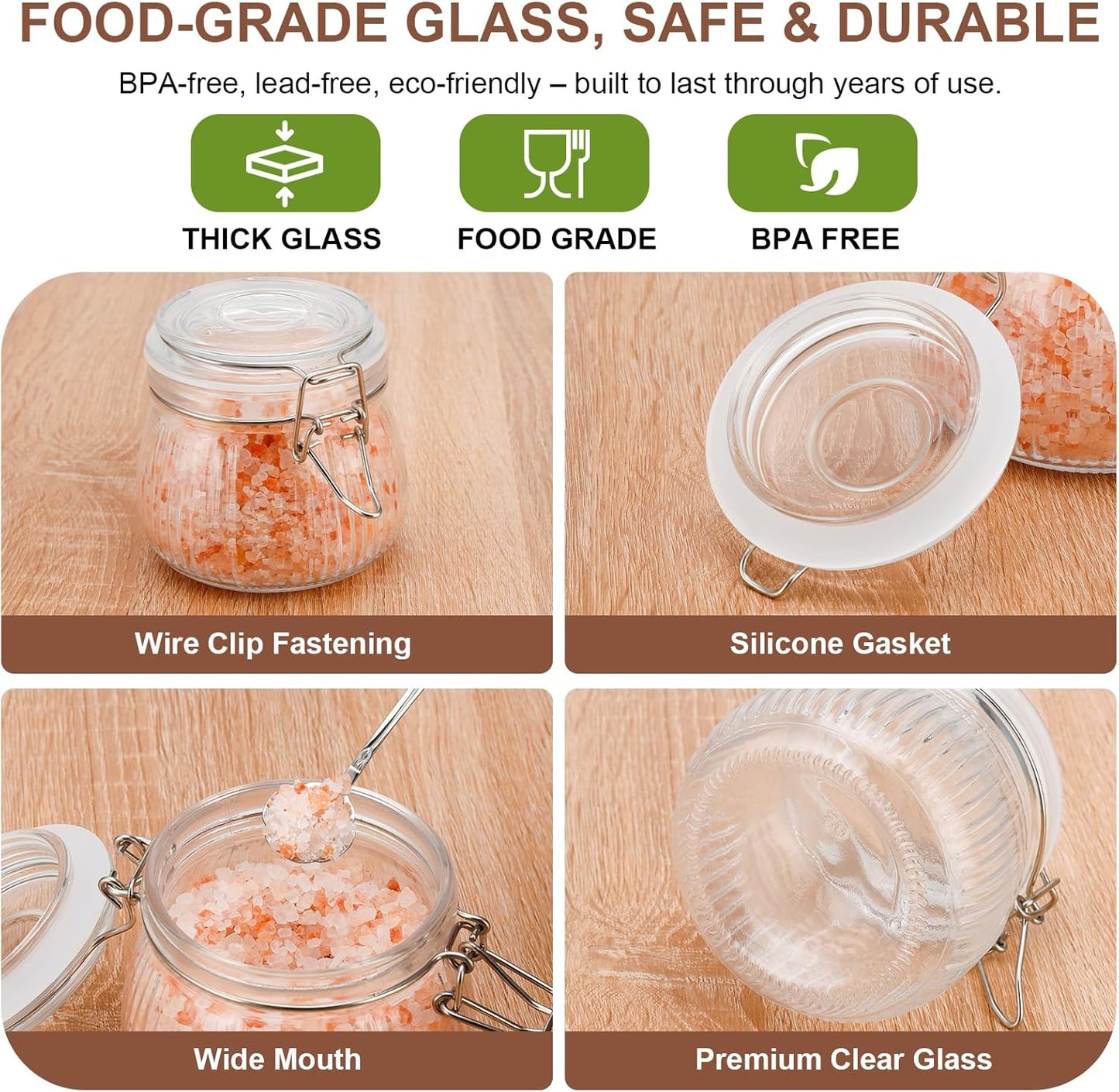 17oz Airtight Glass Jars with Lids, Small Food Storage Container Set of 6, Wire Clip Canisters Mason Jars for Canning Pickling Spice Herb