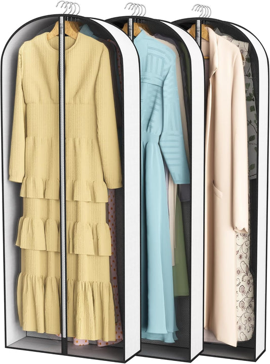 60” Garment Bags for Hanging Clothes 4” Gusseted - with Clear Window, Breathable Fabric, Metal Zipper, Suit Coat Long Dress Protector for Clothes Closet storage, Season Off, Moving, 3 Pack