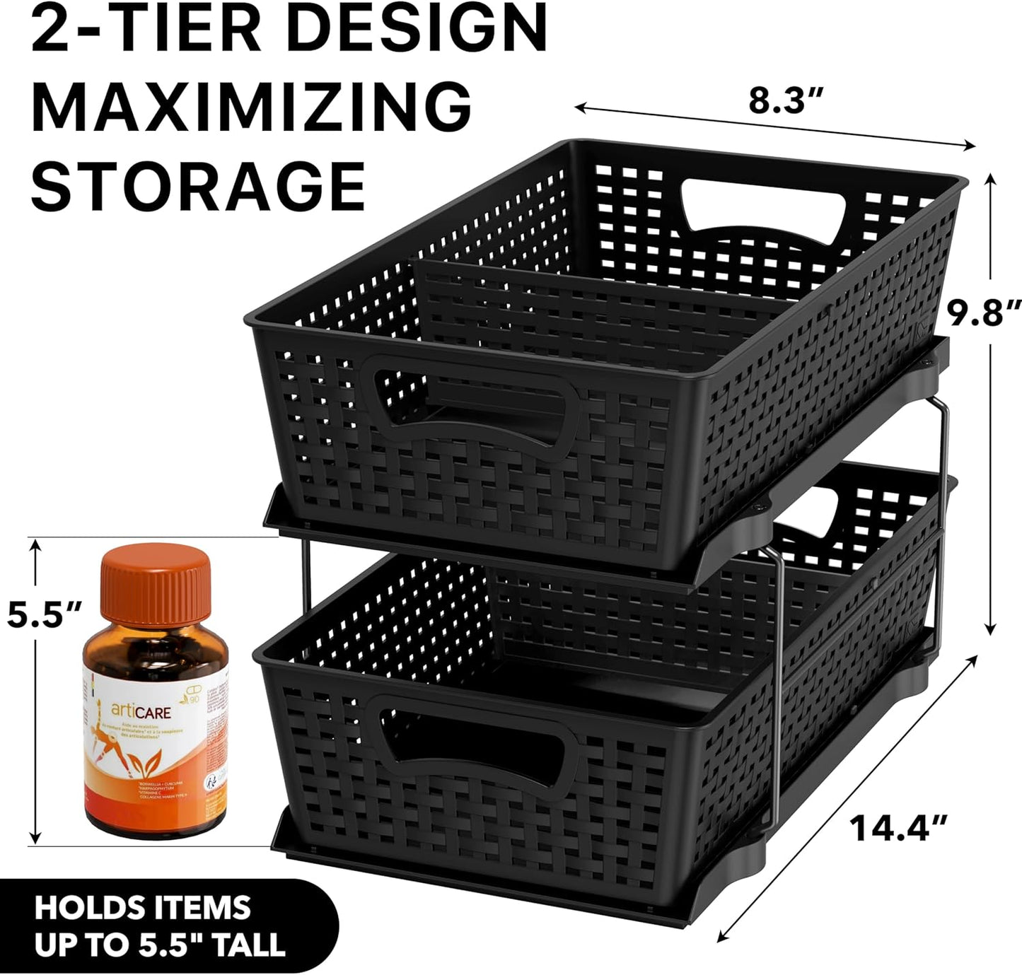 Simple Houseware 2 Tier Bathroom Organizer Tray Pull-Out Sliding Drawer, Under Sink Storage, Black