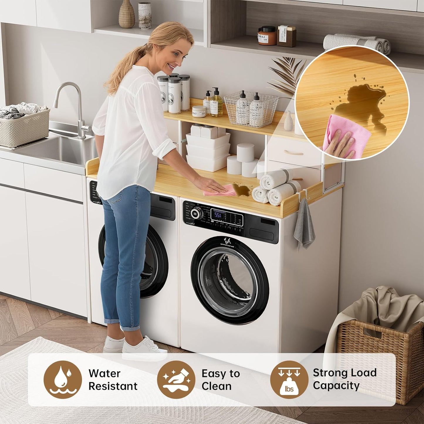 4 Drawers Washer Dryer Countertop with Shelf, 27.5" D x 54" W Laundry Topper with 3.54" High Guardrails and Non-Slip Pads,Extra Storage Organizer for Over Washer and Dryer, Holds 66 Lbs,Light Oak