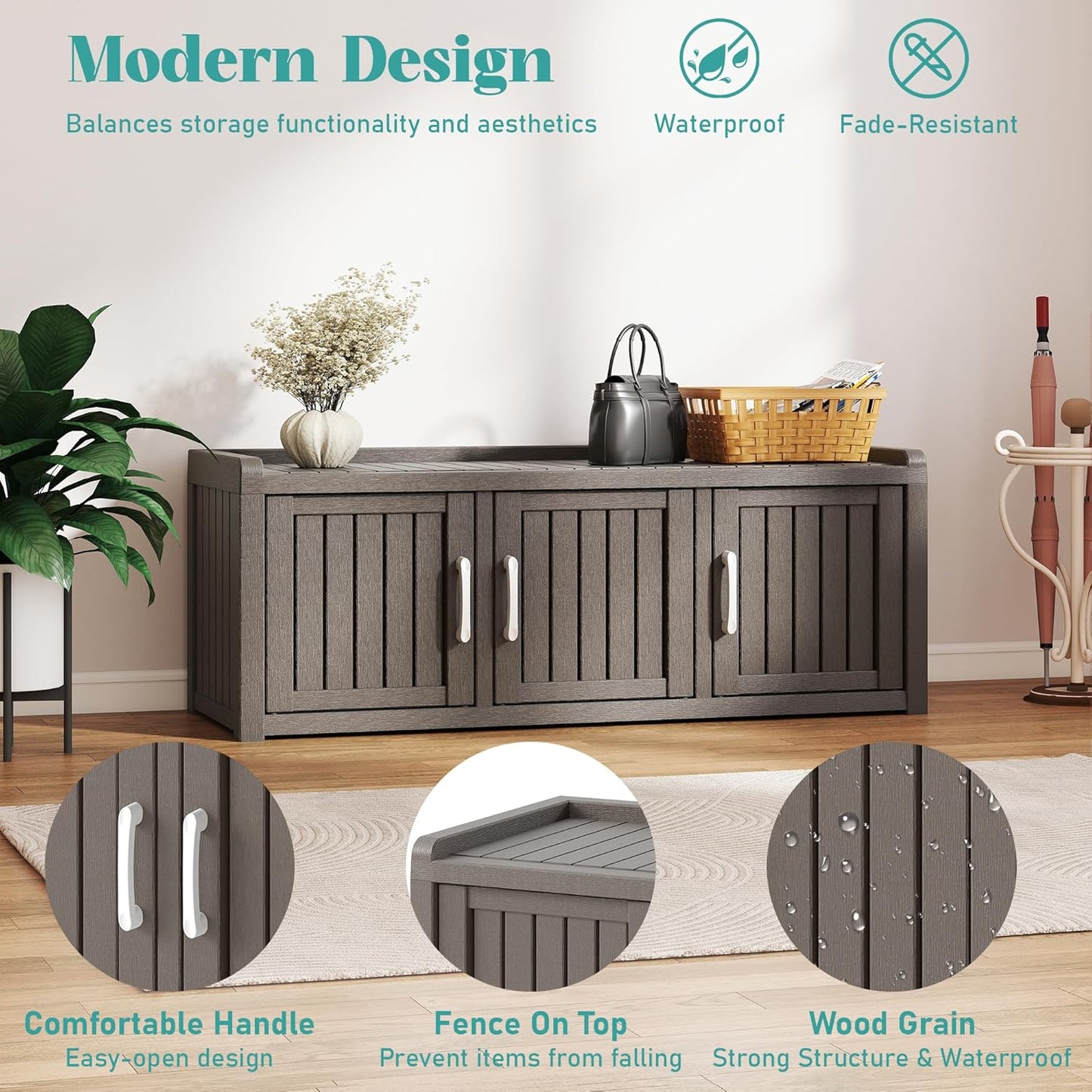 KAMABOKO Shoe Storage Cabinet Waterproof UV-Resistant, Entryway Storage Bench Indoor Outdoor with 3 Barn Doors, Adjustable Shelves for Entryway, Bedroom, Hallway,Living Room(Grey)