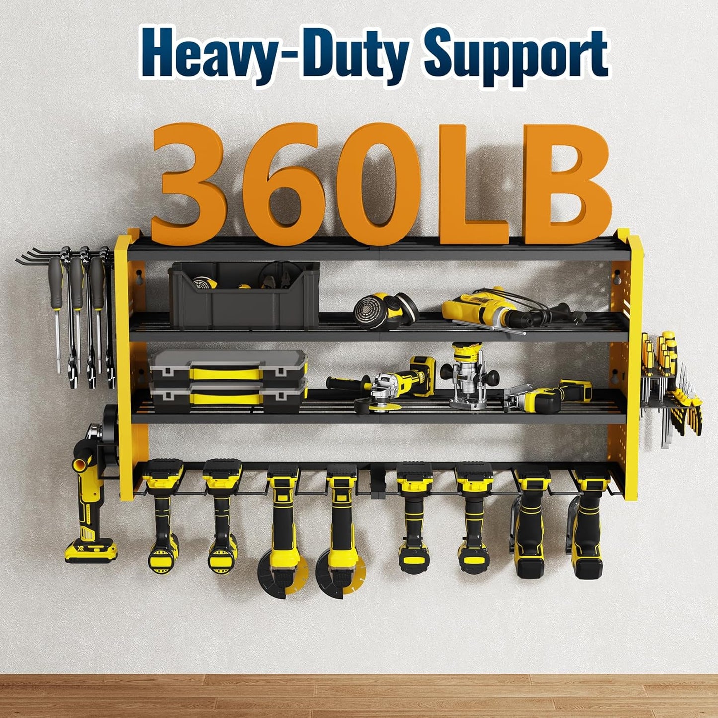 Tomorotec 4-Layer Wall-Mounted Power Tool Storage Rack, Heavy-Duty Steel Drill Organizer with Adjustable Shelves & Side Hooks for Toolbox, Easy Installation Garage & Workshop Storage (Yellow)