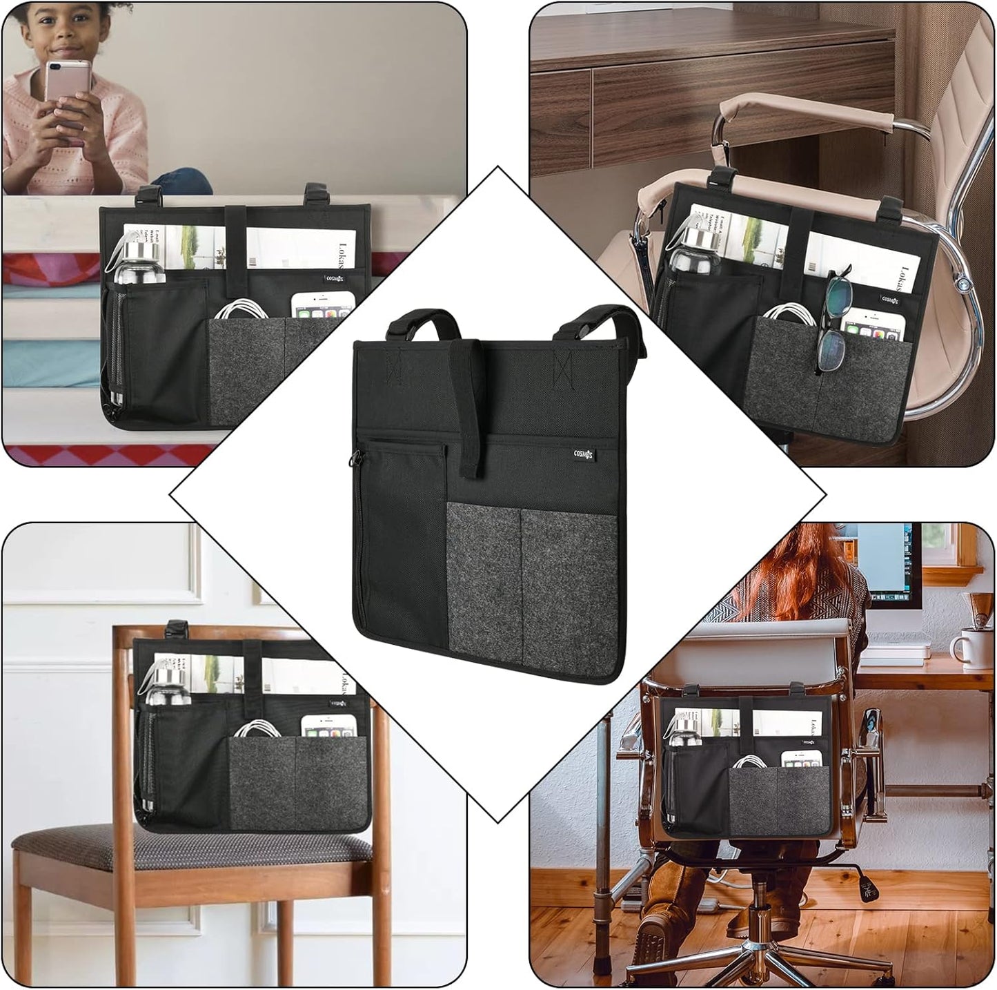 Cosmos Armrest Chair Side Organizer Bedside Caddy Organizer Bed Buk Storage Bag Armchair Wheelchair Hanging Side Pocket Bag for Ipad, Tablet, Cellphone, Remote Control, Magazines, Books & Water Bottle
