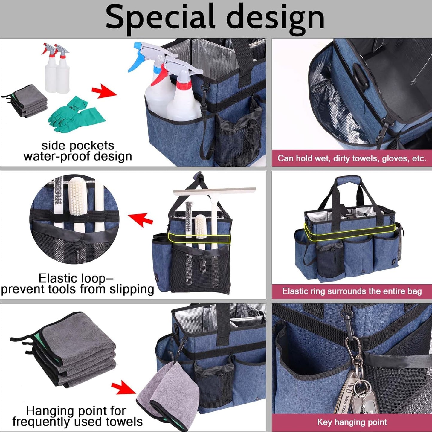 Large Wearable Cleaning Caddy Bag with Detachable Divider, Cleaning Organizer with Handles, Cleaning Supply Tote with Adjustable Shoulder Strap&Waist Belt for Cleaners & Housekeeper (Blue)