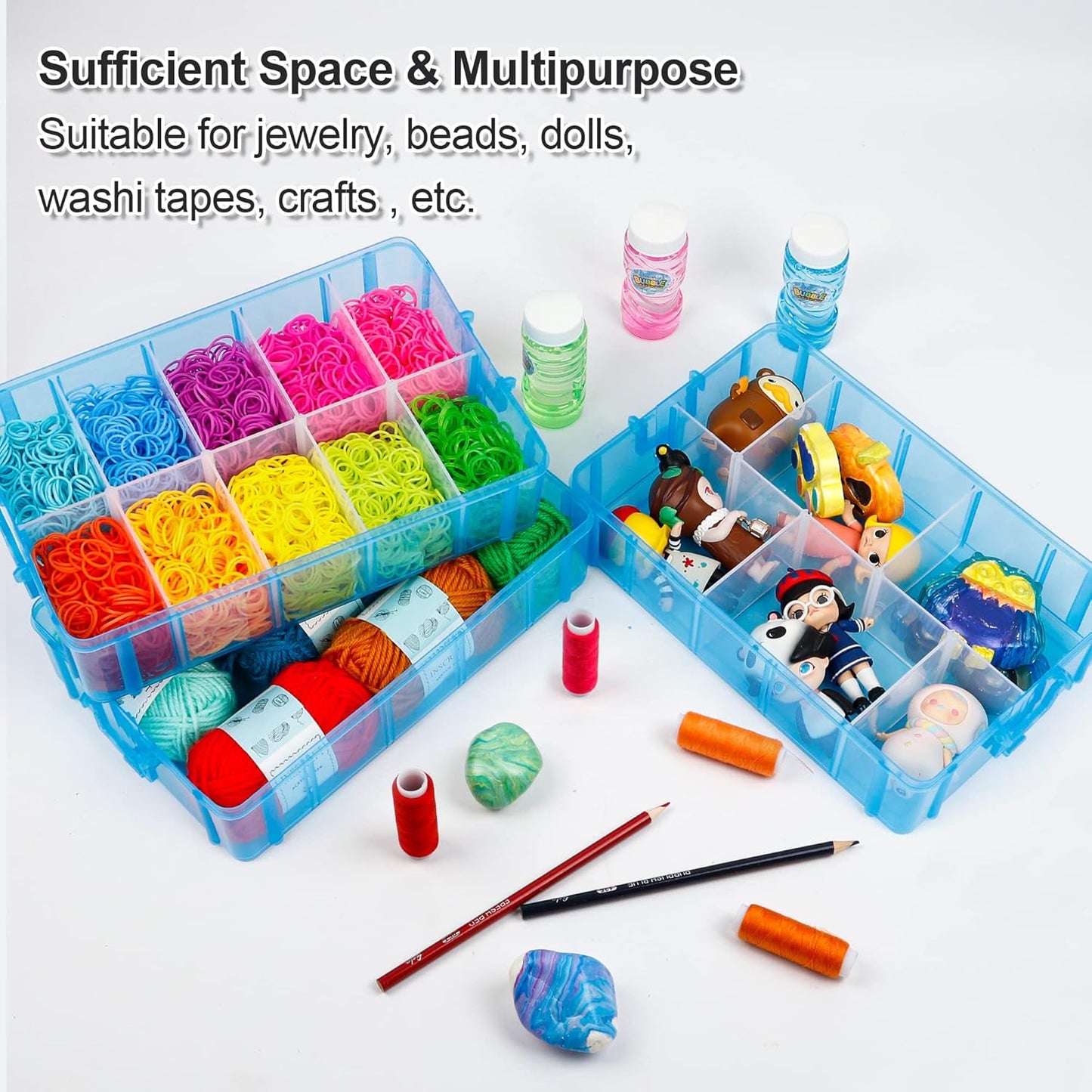 INSCRAFT 7 Layers Stackable Storage Container, 70 Adjustable Compartments (Blue) Stackable Storage Container, Perfect for Kids Toys, Art Crafts, Jewelry, Supplies, Mini Case & Letter Sticker Included