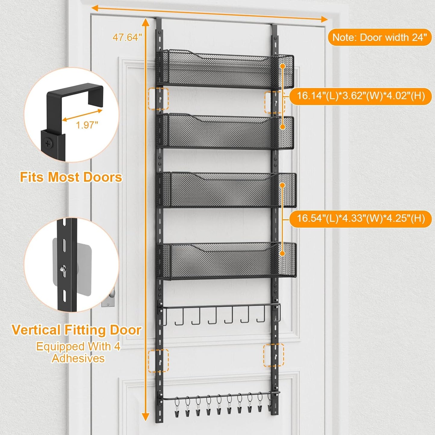 Over the Door Organizer, 2 in 1 Metal Hanging Closet Organizer & Hat Rack with 4 Adjustable Baskets, 8 Hooks, 10 Clips, Behind The Door Storage for Bedroom, Bathroom, Entrance, Closet, Kitchen, Black