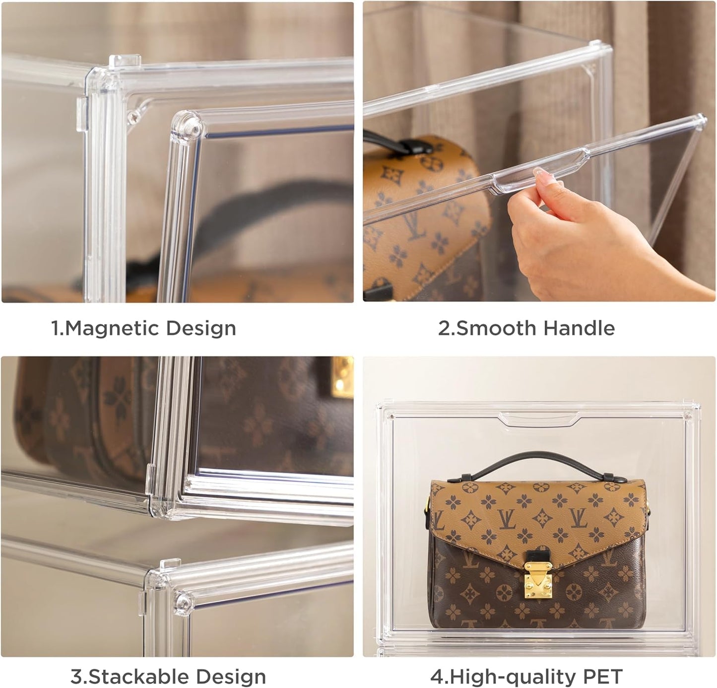 HBlife 1 Pack Purse Storage Organizer for Closet, Large Clear Stackable Handbag Display Case Box with Magnetic Door for Collectibles, Cosmetics, Women Heels and Toys
