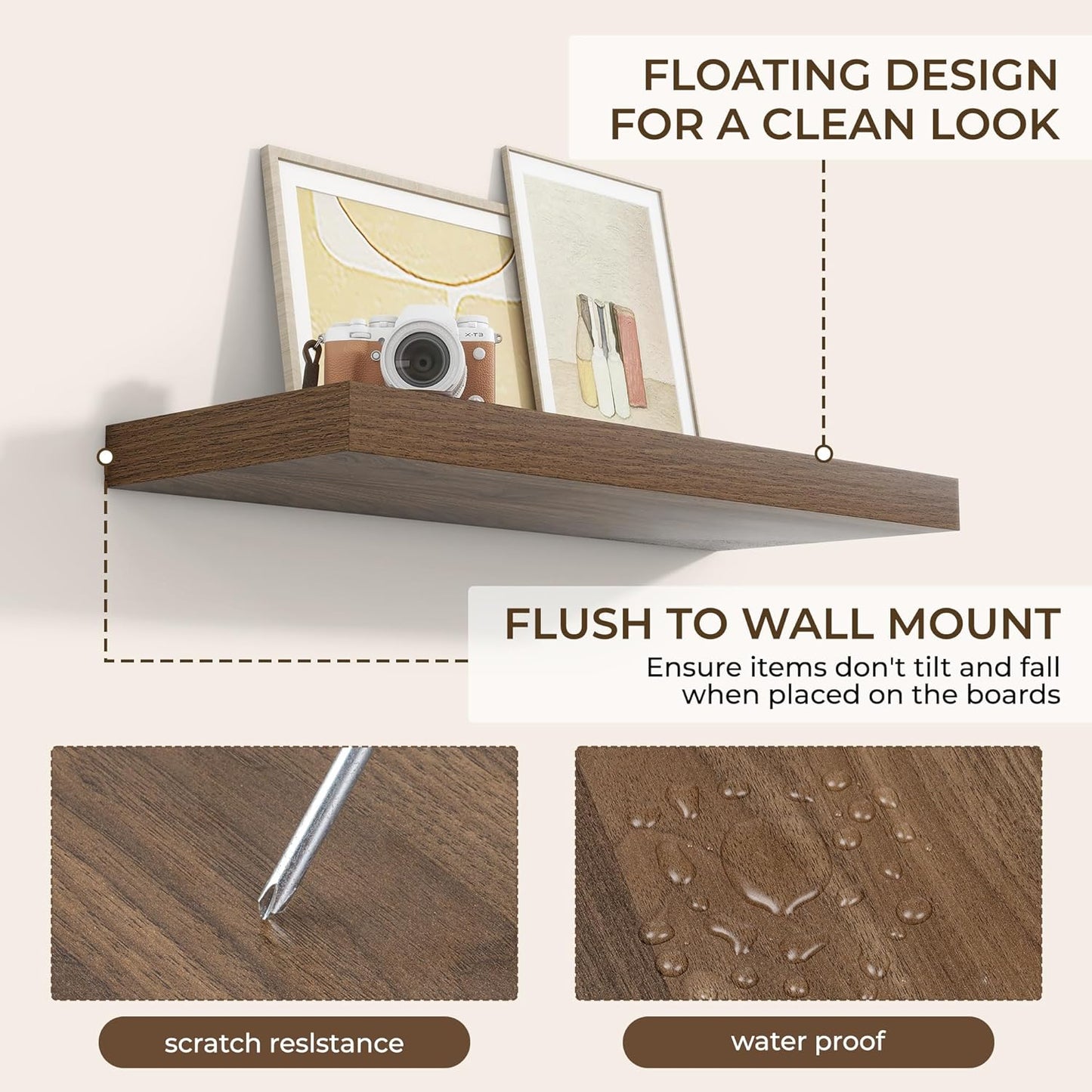 RICHFOCUS 36Inch Floating Shelves for Wall 2 Pack Shelves for Bedroom|Kitchen|Bathroom Wall Mounted Rustic Wood Floating Shelf with Invisible Brackets for Books|Storage|Decor, Walnut
