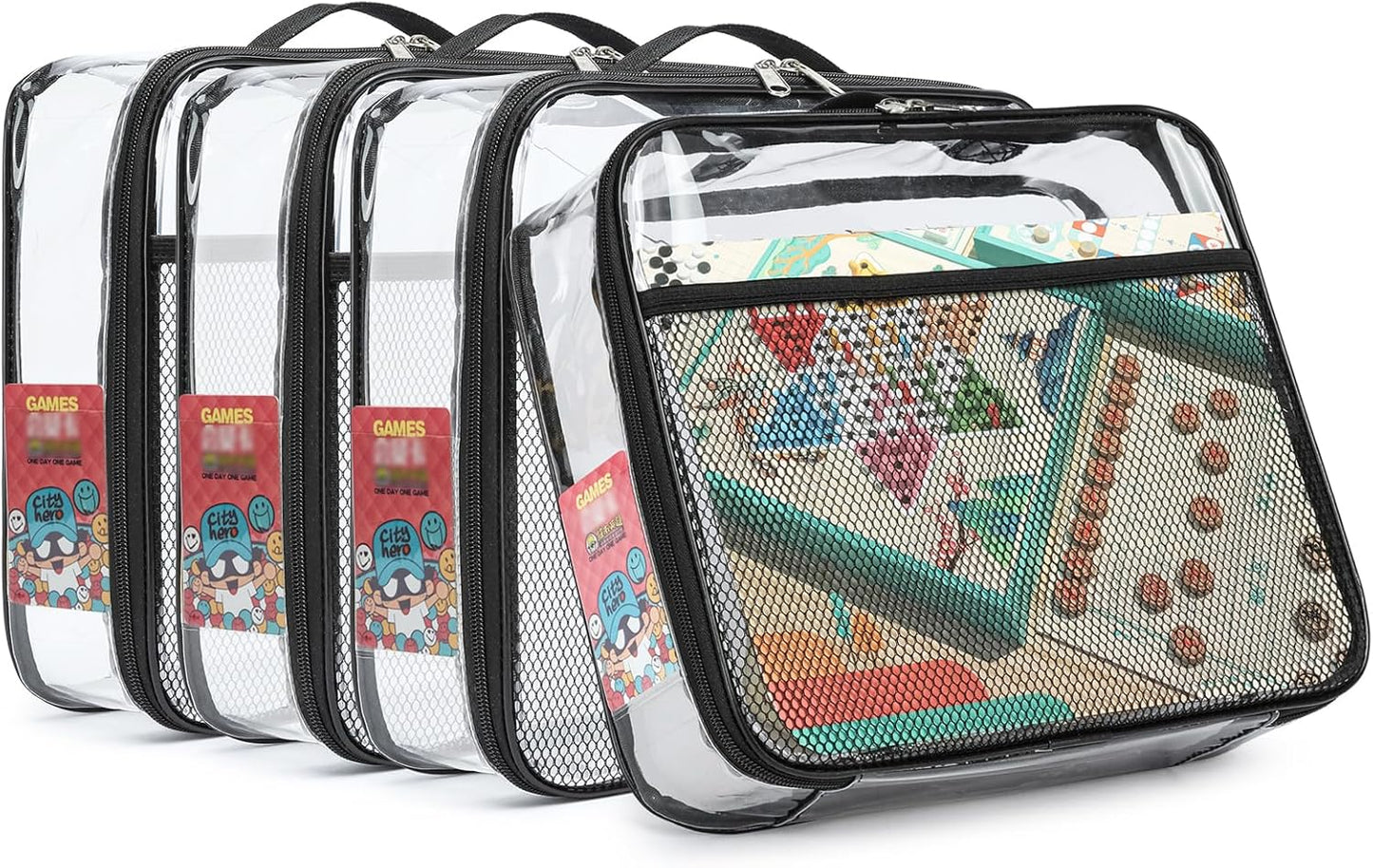 4 Pack Toy Storage Organizer Bags 13.7"L x 2.7"W x 9.7"H | Clear Waterproof Toy Organize for Building Blocks, Puzzles, Board Games | Travel-Friendly with Name Tag & Mesh Pocket (Large, Black)