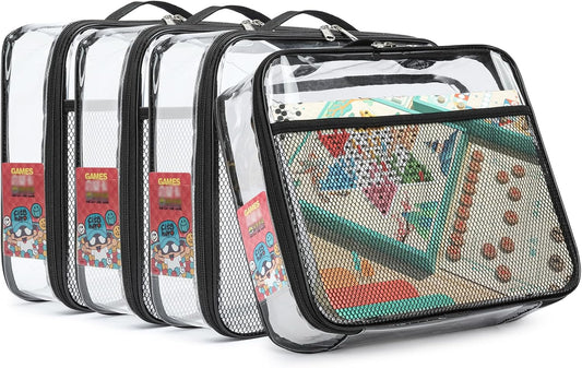 4 Pack Toy Storage Organizer Bags 13.7"L x 2.7"W x 9.7"H | Clear Waterproof Toy Organize for Building Blocks, Puzzles, Board Games | Travel-Friendly with Name Tag & Mesh Pocket (Large, Black)