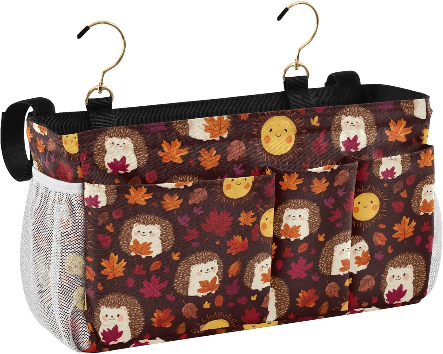 Autumn Leaves Sun Hedgehogs Brown Bedside Caddy for Dorm Bed Bedside Hanging Caddy Bag Iron Frame Storage Organizer Pocket for Bunk Home College Hospital Beds 2 Hooks