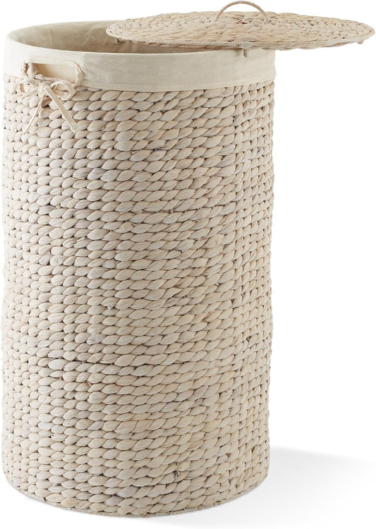 Casafield Round Laundry Hamper with Lid and Removable Liner Bag - Whitewash, Woven Water Hyacinth Wicker Laundry Basket for Clothes and Towels