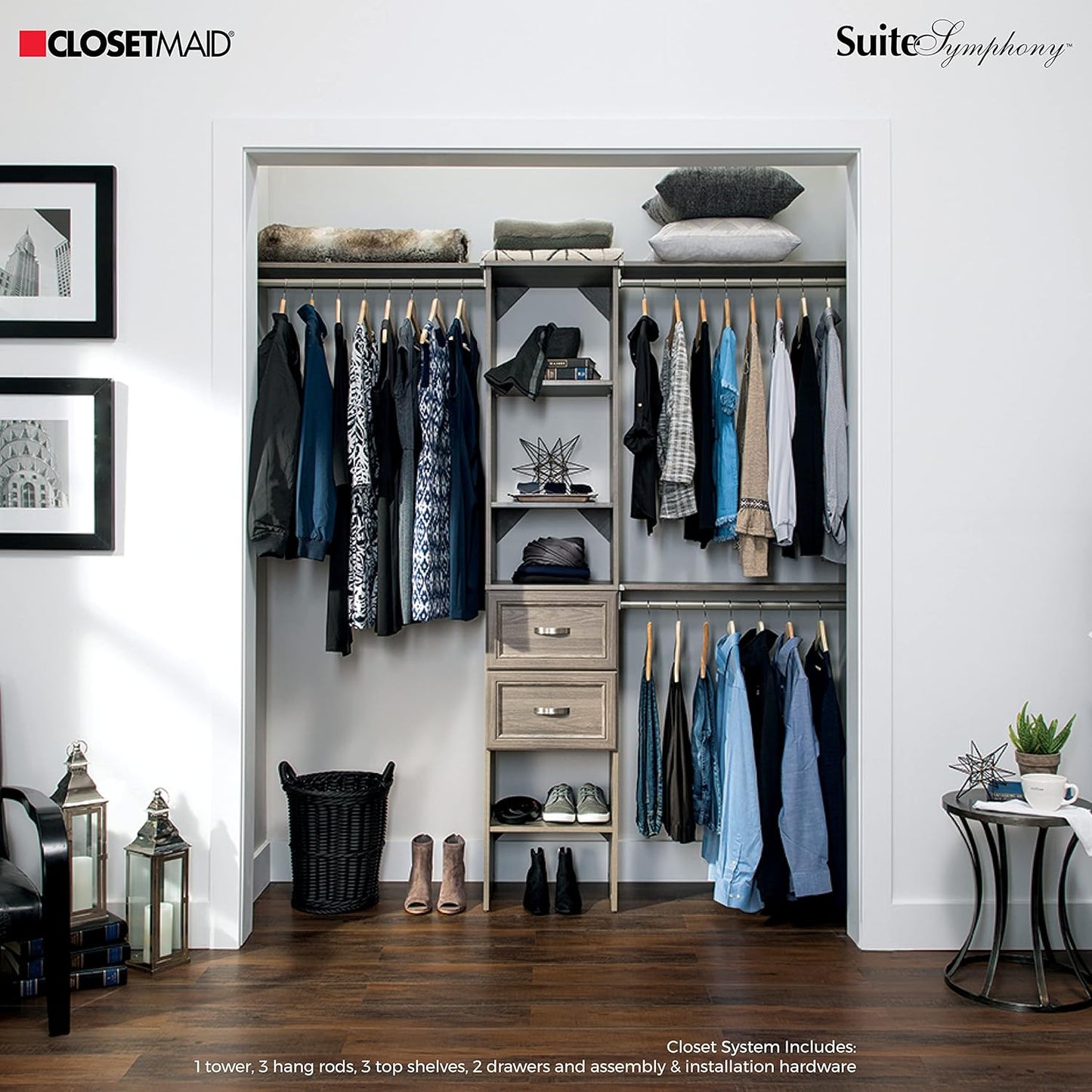 ClosetMaid SuiteSymphony Wood Closet Organizer Kit with Tower, 3 Hang Rods, Top Shelves, 2 Drawers, Adjustable, Fits Spaces 5-9 ft. Wide, Graphite Grey