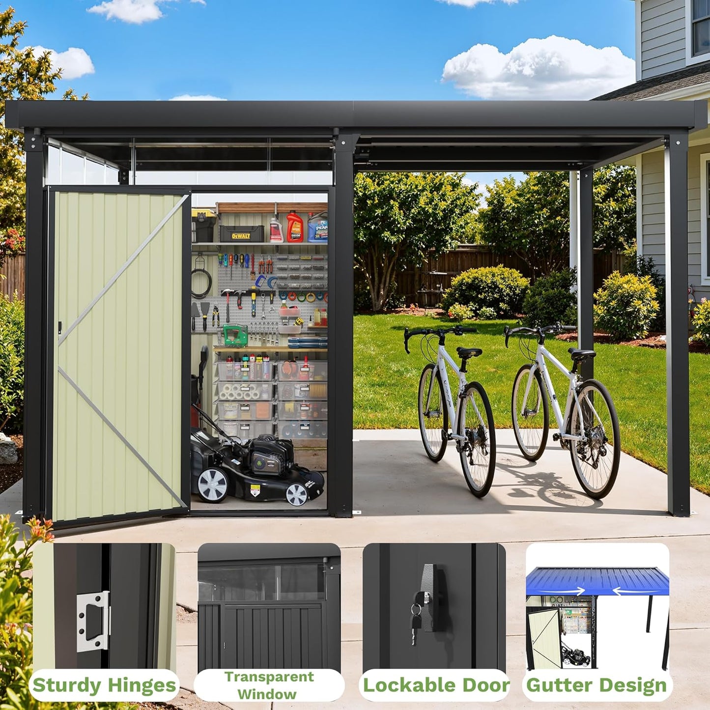 Greesum 2-in-1 Outdoor Storage Shed & Gazebo, 7x8FT Metal Lockable Shed and 7x8FT Open-Sided Pergola, Gutter Design and Transparent Window, for Patio, Garden, Backyard, Gray