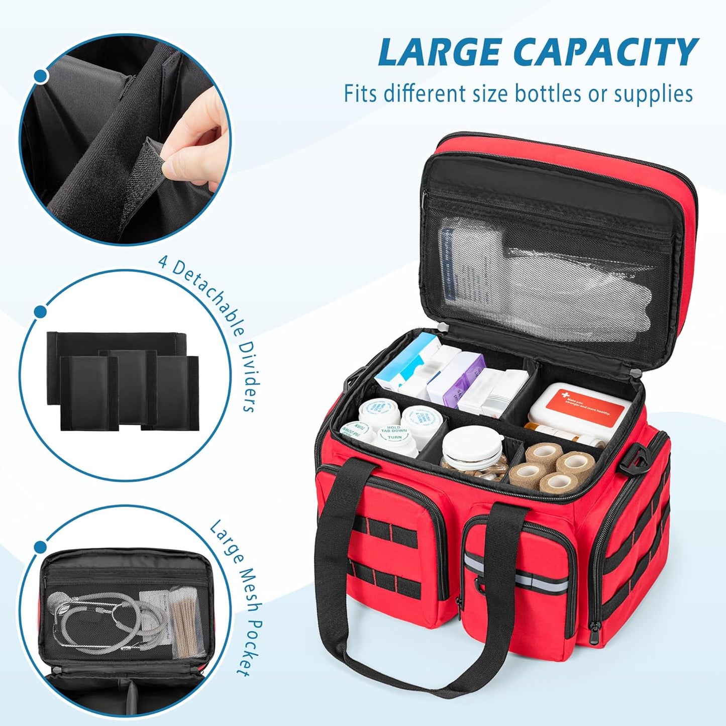 Medicine Organizer Bag with Insulated Pocket for Travel, Pill Bottle Storage Bag with 4 Customized Dividers & Shoulder Strap for Medication, Insulin and First Aid Supplies, Red (Bag ONLY)