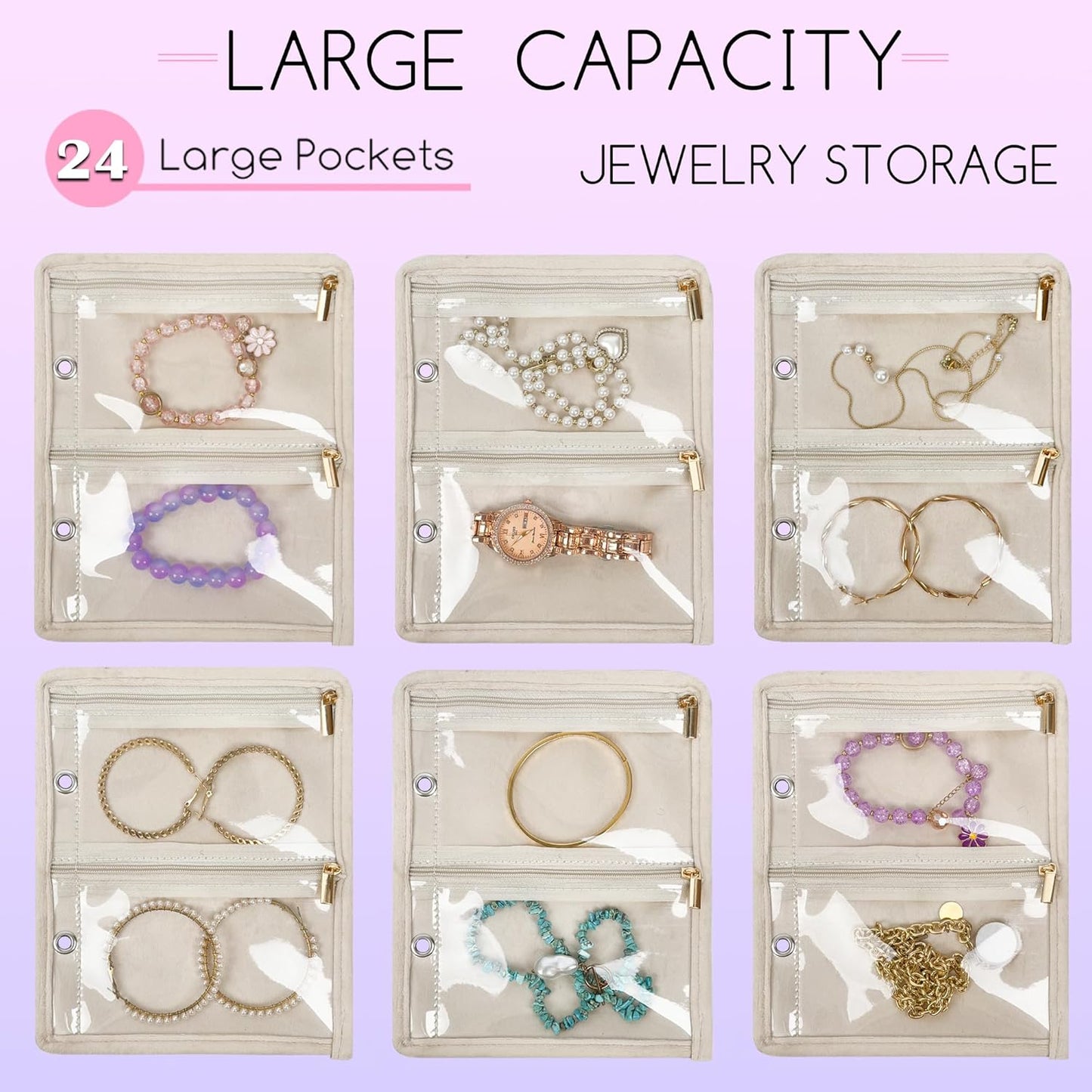 Travel Jewelry Organizer Case,Jewelry Bags for Traveling, Jewelry Binder with 24 Pcs Clear Zipper Velvet Pouches for Storing Earrings, Rings, Necklace, Bracelet, Watch (Beige)
