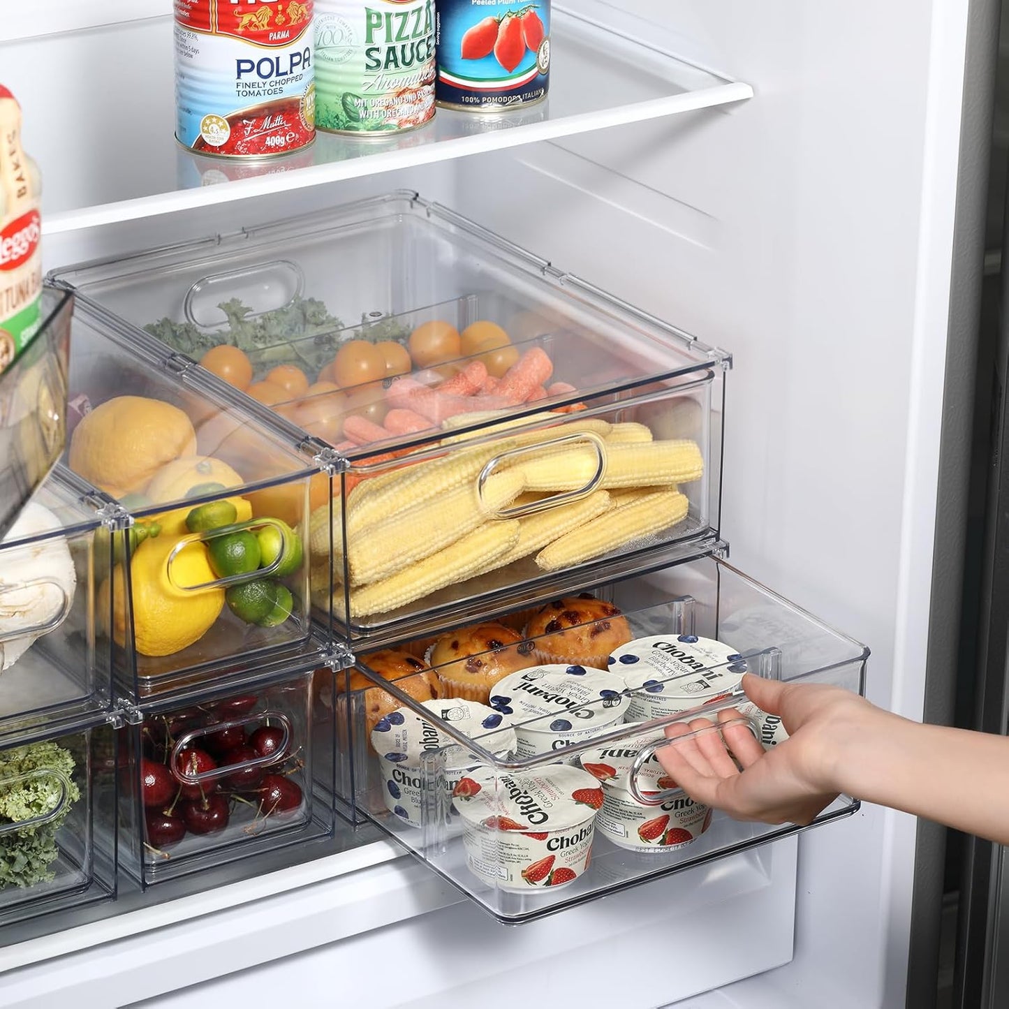 Fridge Drawer Pull Out Stackable Bins, Clear Refrigerator Stackable Organizers, Fridge Organizer Storage for Kitchen, Pantry, Vegetables, Fruits (2 Small + 1 Large)