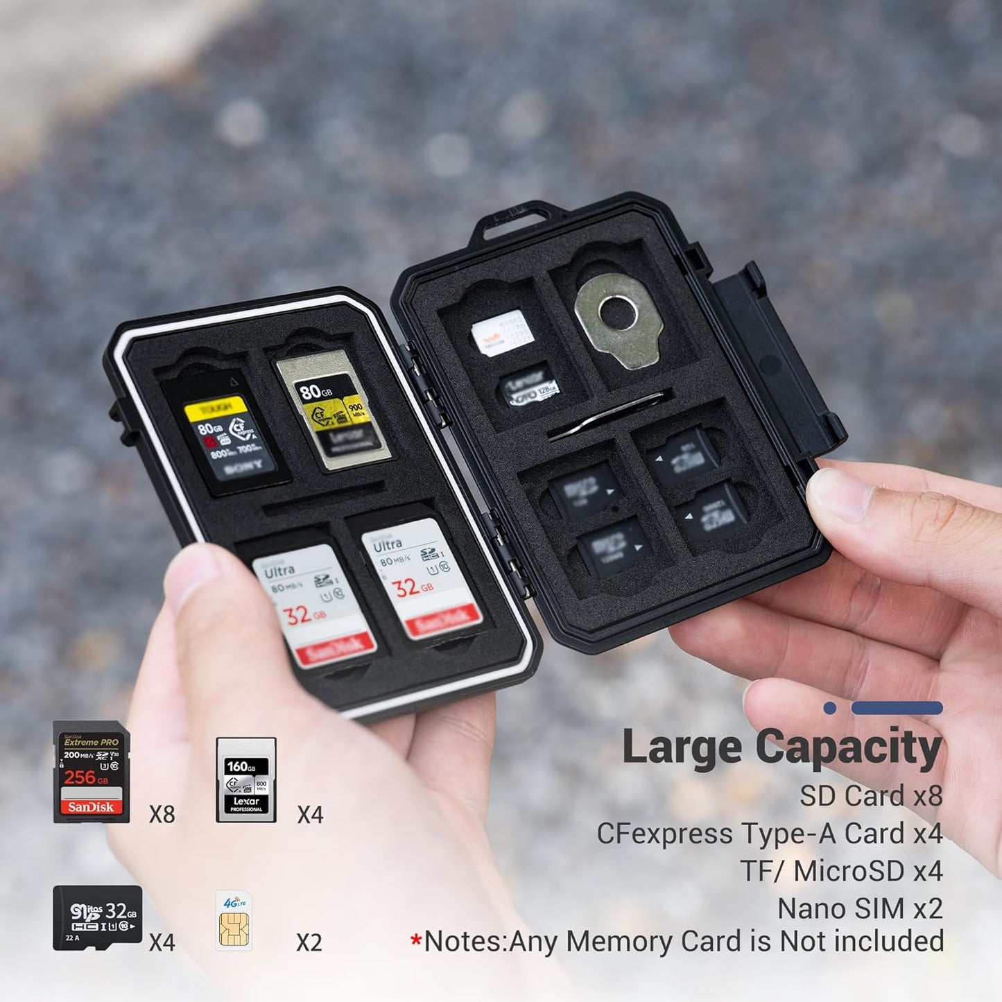 Small 18 Slots Memory Card Case for 8 SD 4 CFA 4 TF and 2 Nano SIM Cards, IP67 Waterproof Anti-Shock Anti-Dust, Compact Size & Portable SD SDHC SDXC CFexpress Type-A Card Holder Organizer Storage Box