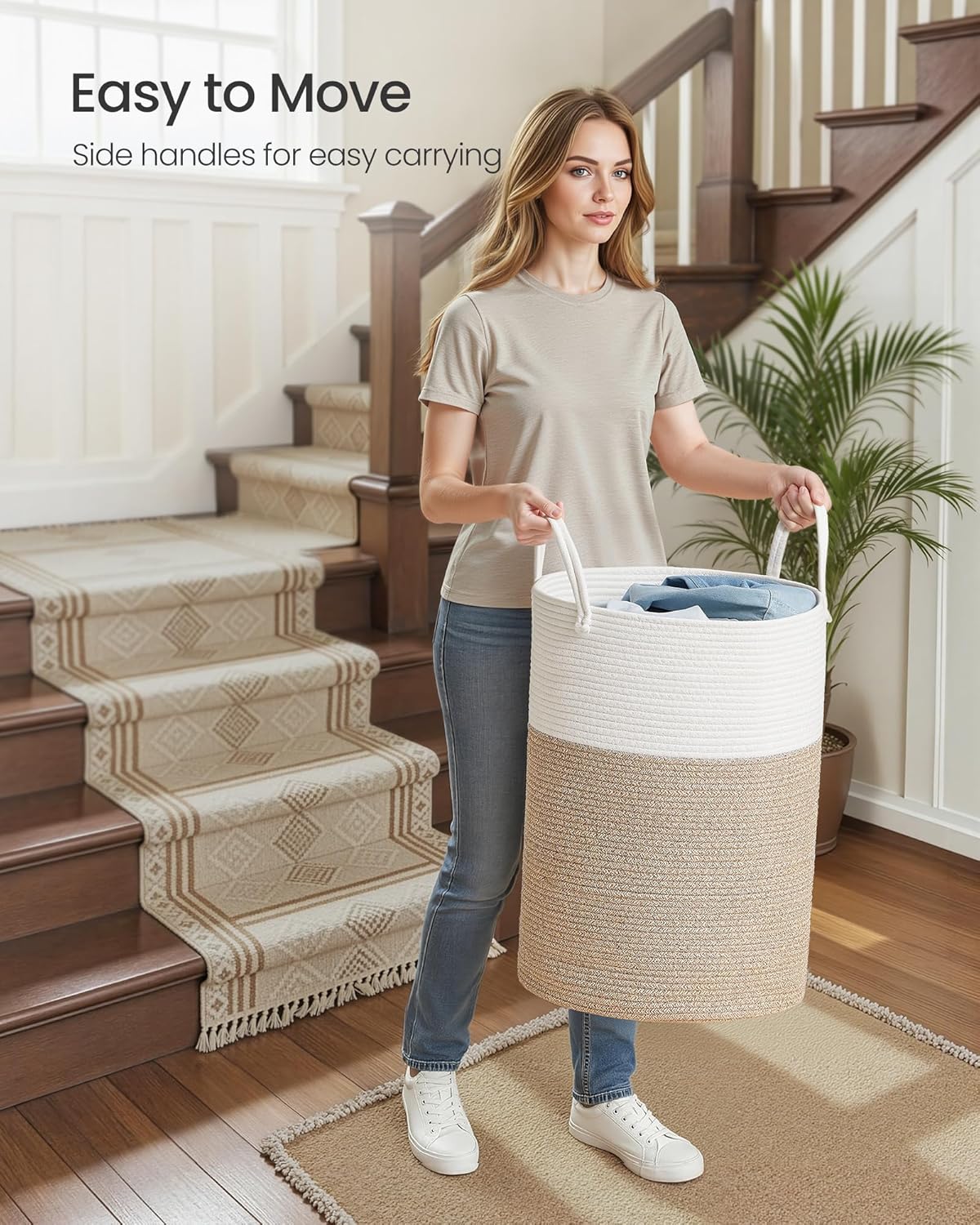SONGMICS Laundry Hamper, Cotton Rope Laundry Basket with Handles, for Children, Toys, Clothing, Living Room, Bedroom, 21.1 Gallons, 15.7 x 15.7 x 23.6 Inches, White and Grayish Brown URLH062LZ01