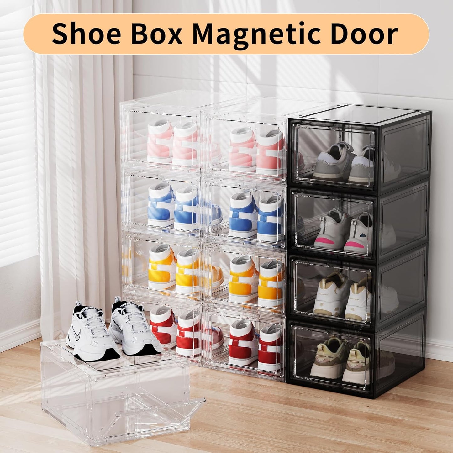 Shoe Storage Boxes Organizers Clear Acrylic Stackable 6 Pack, Shoe Rack & Holder Substitute, Sneaker Containers, Toy Storage Organizer Bins for Entryway, Closet, Under Bed (Black, L)