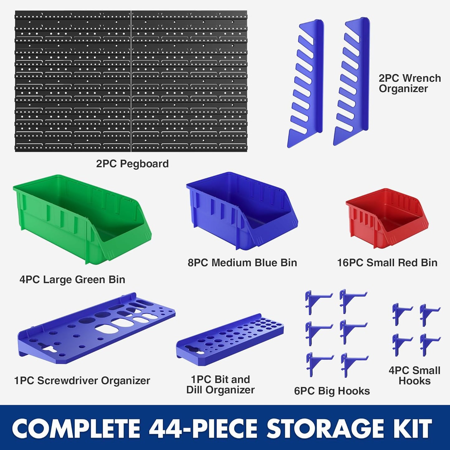 WORKPRO Pegboard Organizer Wall Mounted, 44PC Tool Storage Rack with Bins and Hooks, Peg Board Wall Organizer for Garage Organization, Workshop, Craft Room, Tool Wall Storage System