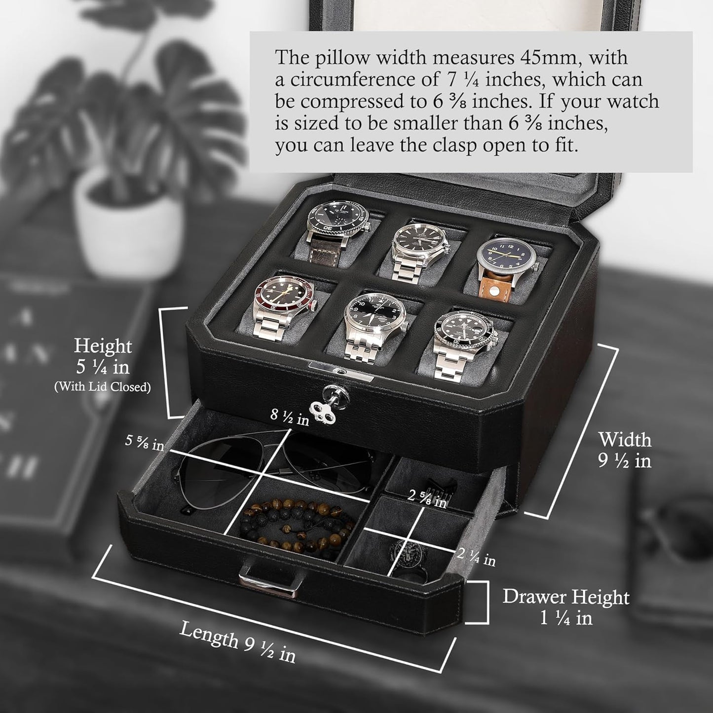 ROTHWELL 6 Slot Leather Watch Box with Valet Drawer - Luxury Watch Case Display Organizer, Microsuede Liner, Locking Mens Jewelry Watches Holder, Men's Storage Boxes With Large Glass Top (Black/Grey)
