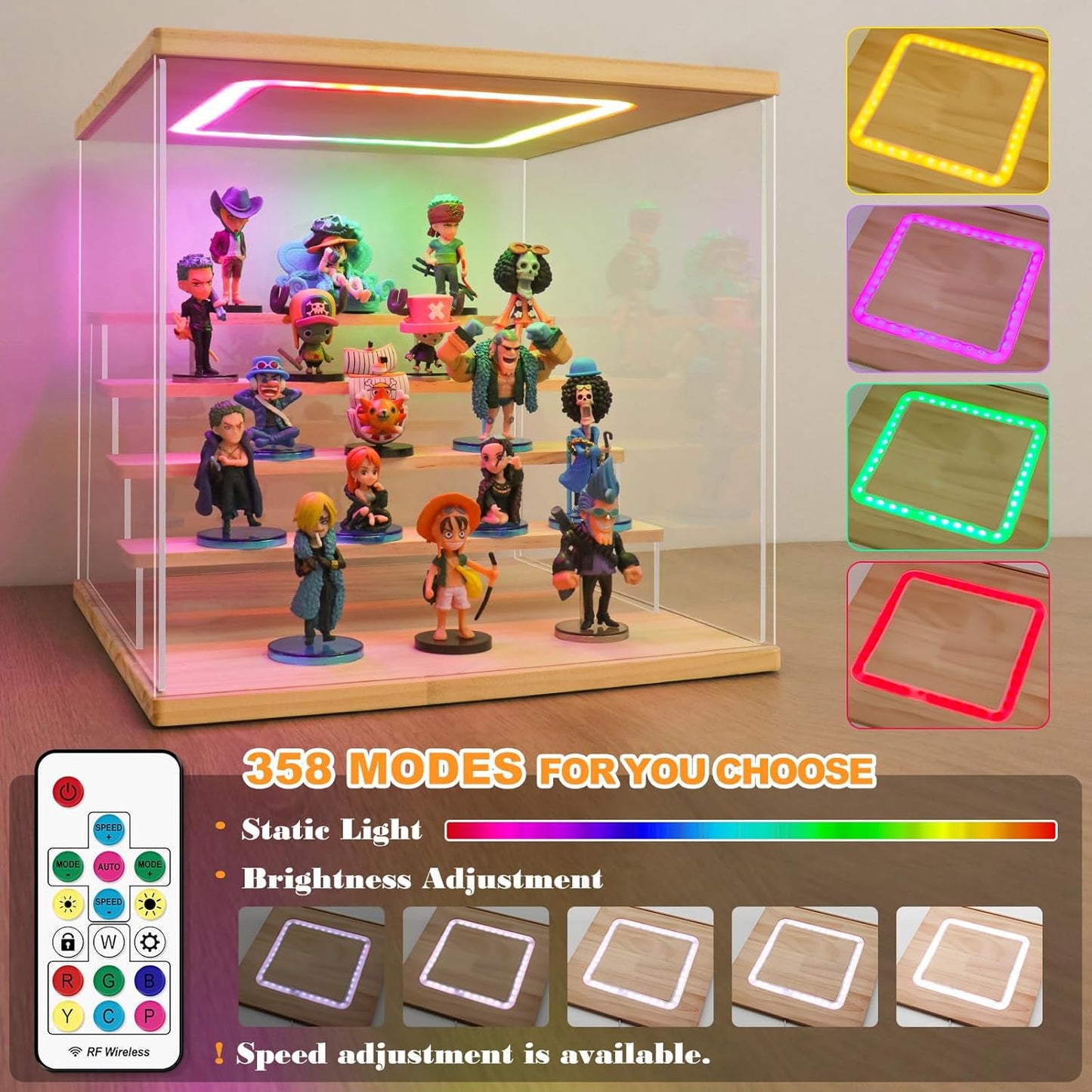 NONEMEY Clear Acrylic Display Case with Light ,3/4/5/6 Tier Multiple Color Lights via Remote Control Dustproof Display Box for Collectibles Figures Mini Toys (3Tier 12.4*7*9inch)