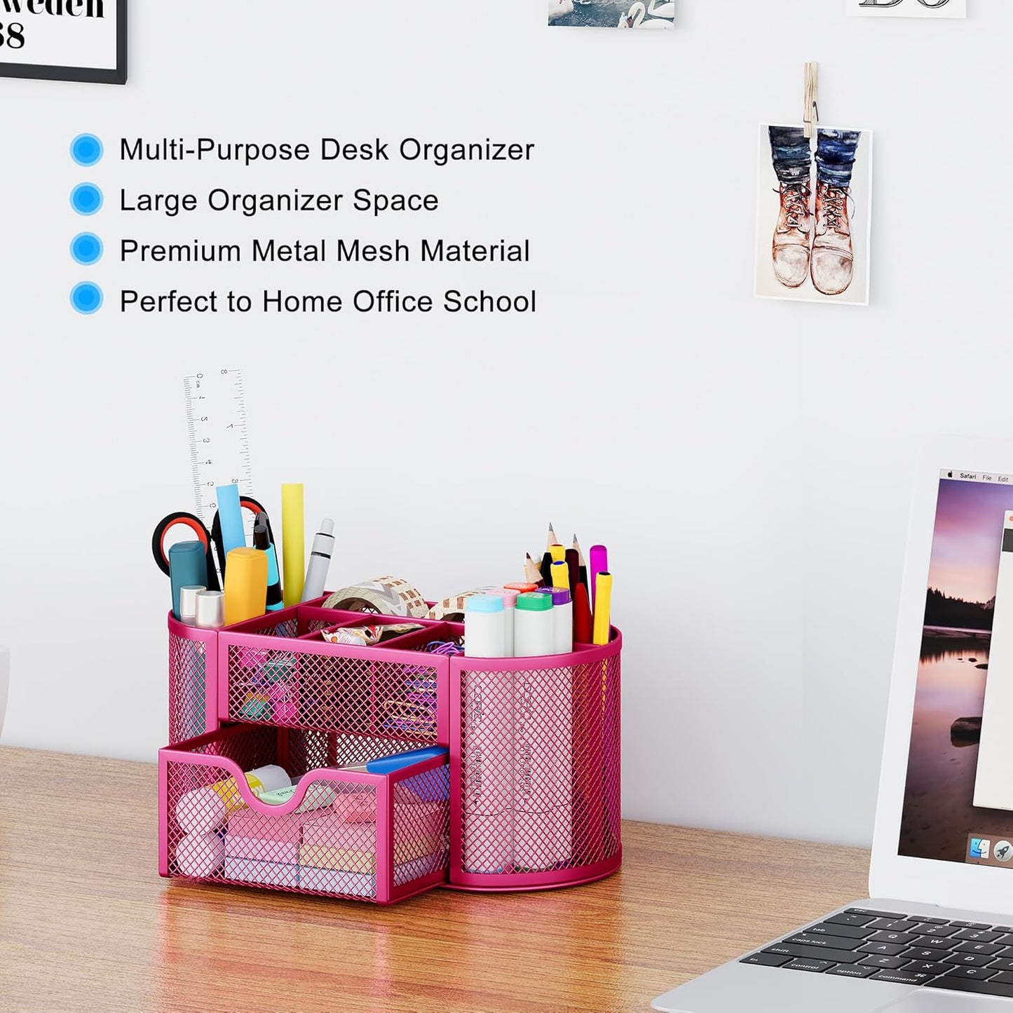 EasyPAG Mesh Pen Holder Desk Organizer with Drawer Stationery Supplies Organizer for Dorm School 9 Compartments Workspace Desk Accessories Organization for Office, Hot Pink