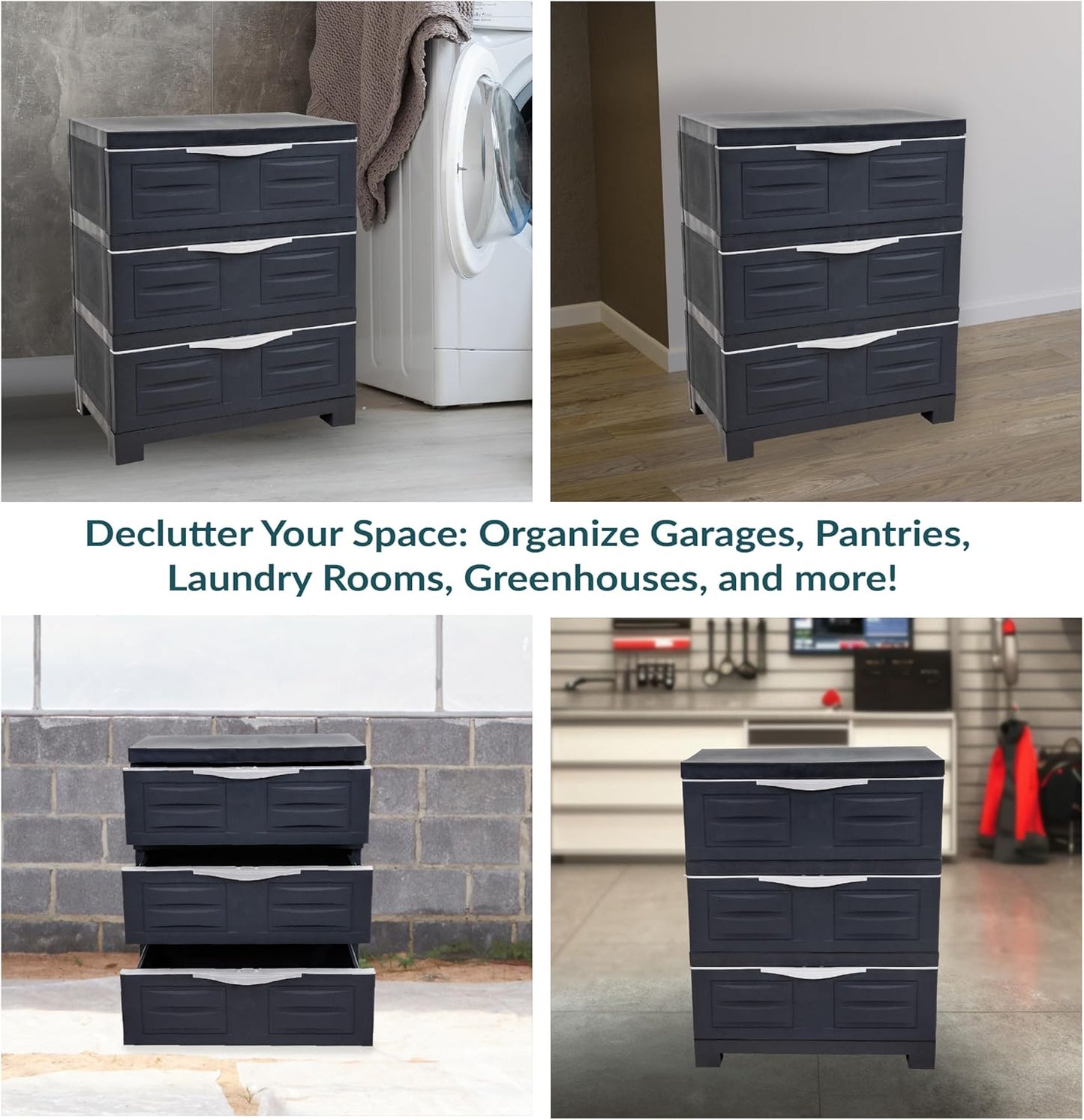 Sunnydaze 3-Tier Storage Cabinet with Drawers - Indoor or Garage Plastic Storage Drawers Organizer - 29.5" H - Garage, Office, Home, Laundry Room - Charcoal